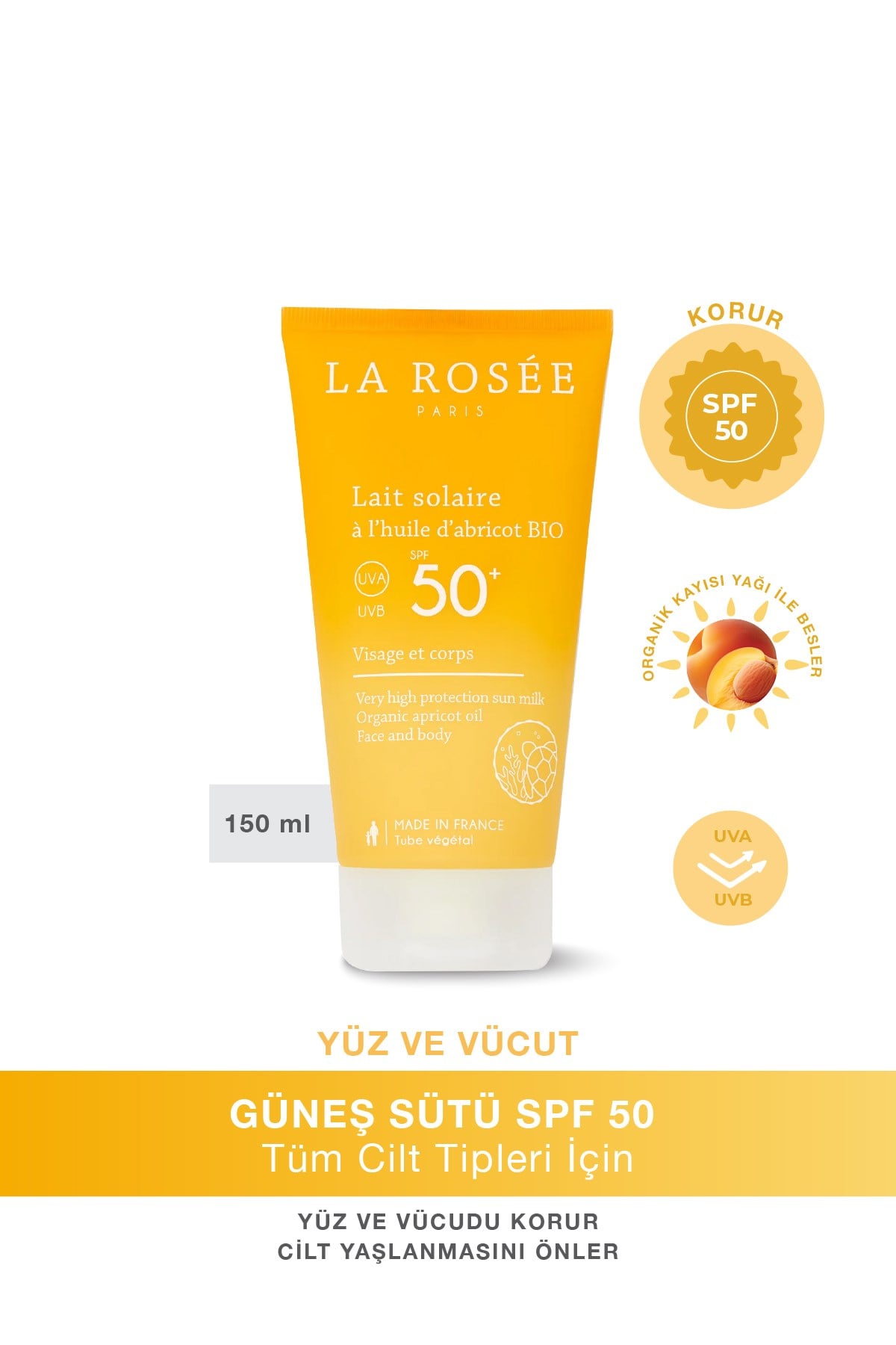 ÇOK YÜKSEK KORUMA SAĞLAYAN GÜNEŞ KORUYUCU SÜT Organik Kayısı Yağı İçeren SPF 50+ 150 Ml