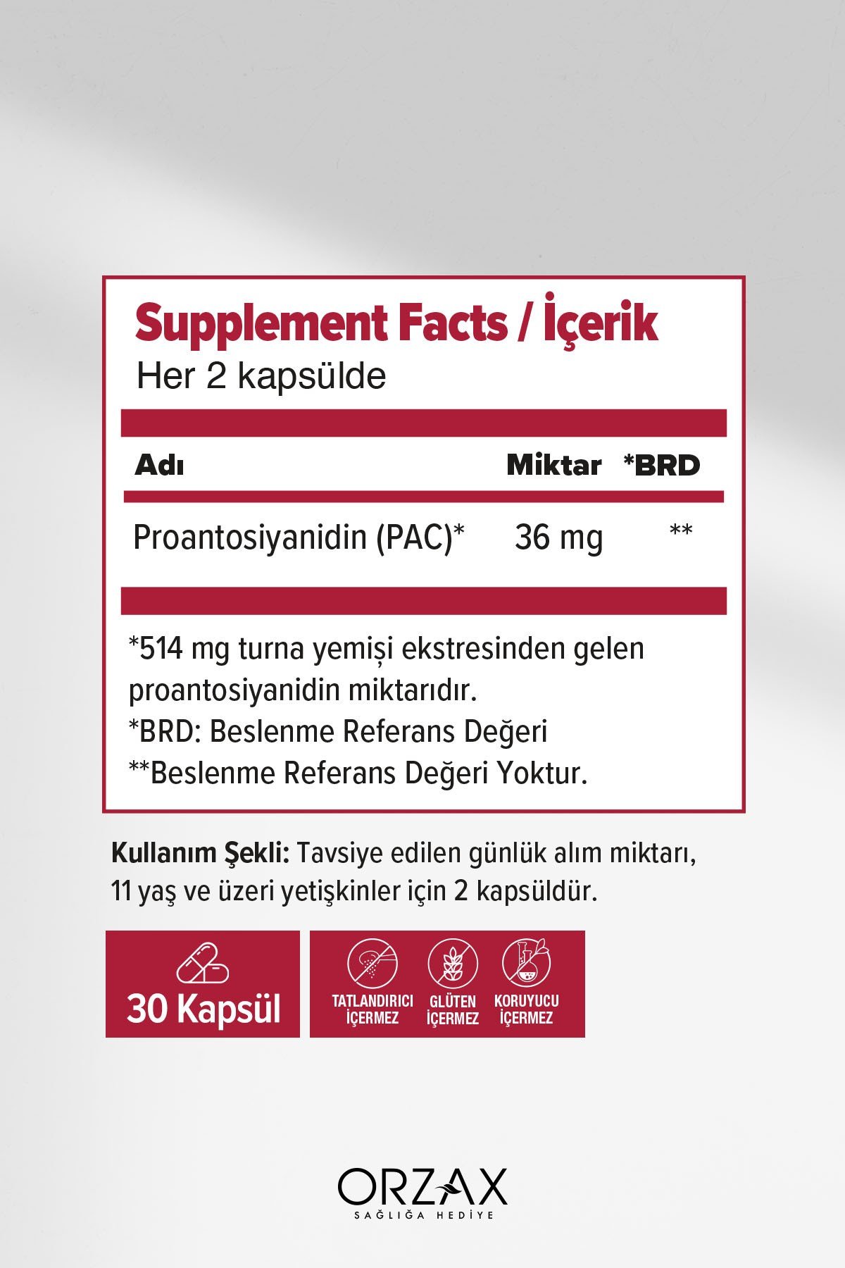 Cranberry - Turna Yemişi Ekstresi Proantosiyanidin (PAC) İçeren Takviye Edici Gıda- 30 Kapsül