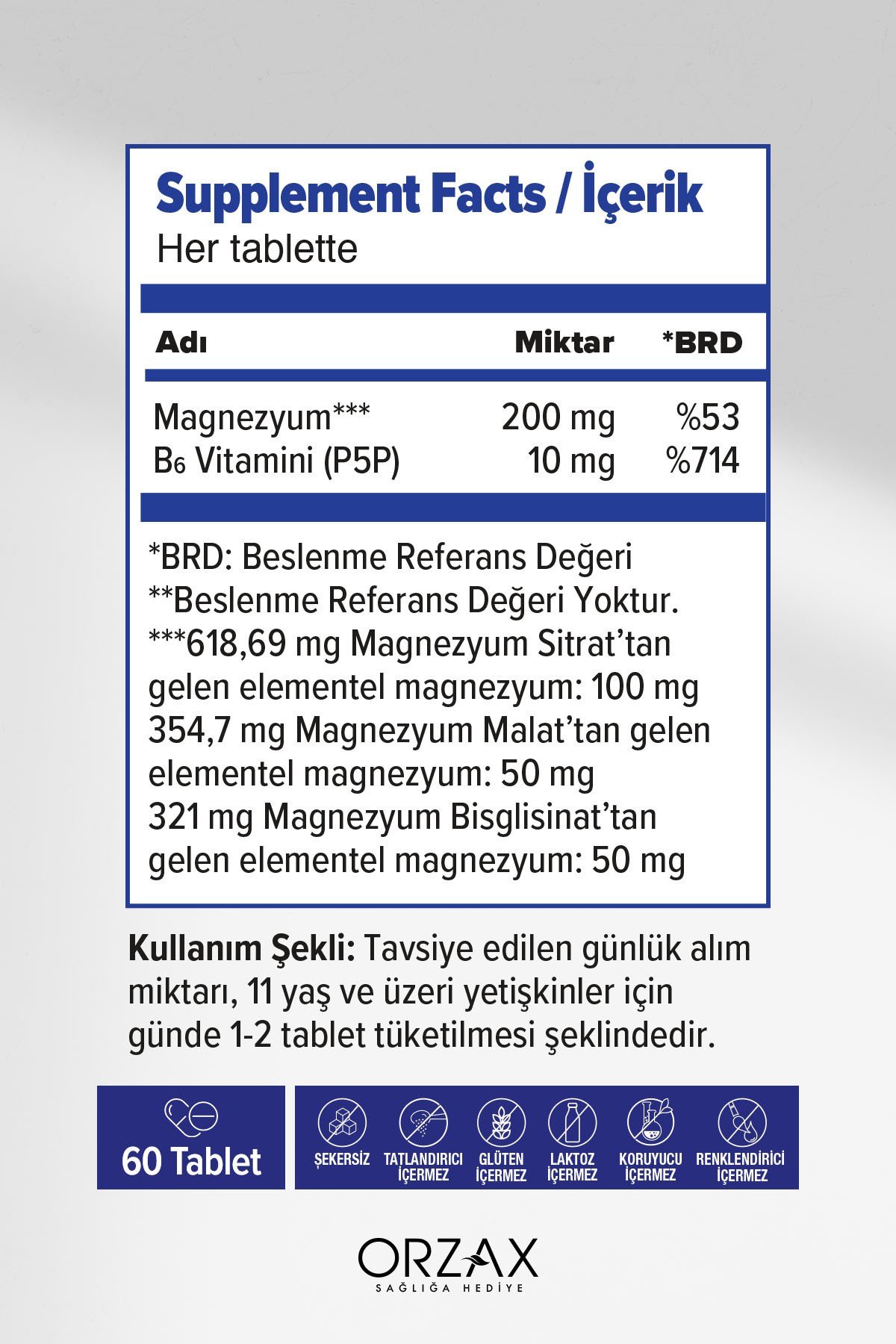 ExtraMag Üçlü Kombinasyon Magnezyum 200 mg Takviye Edici Gıda 60 Tablet