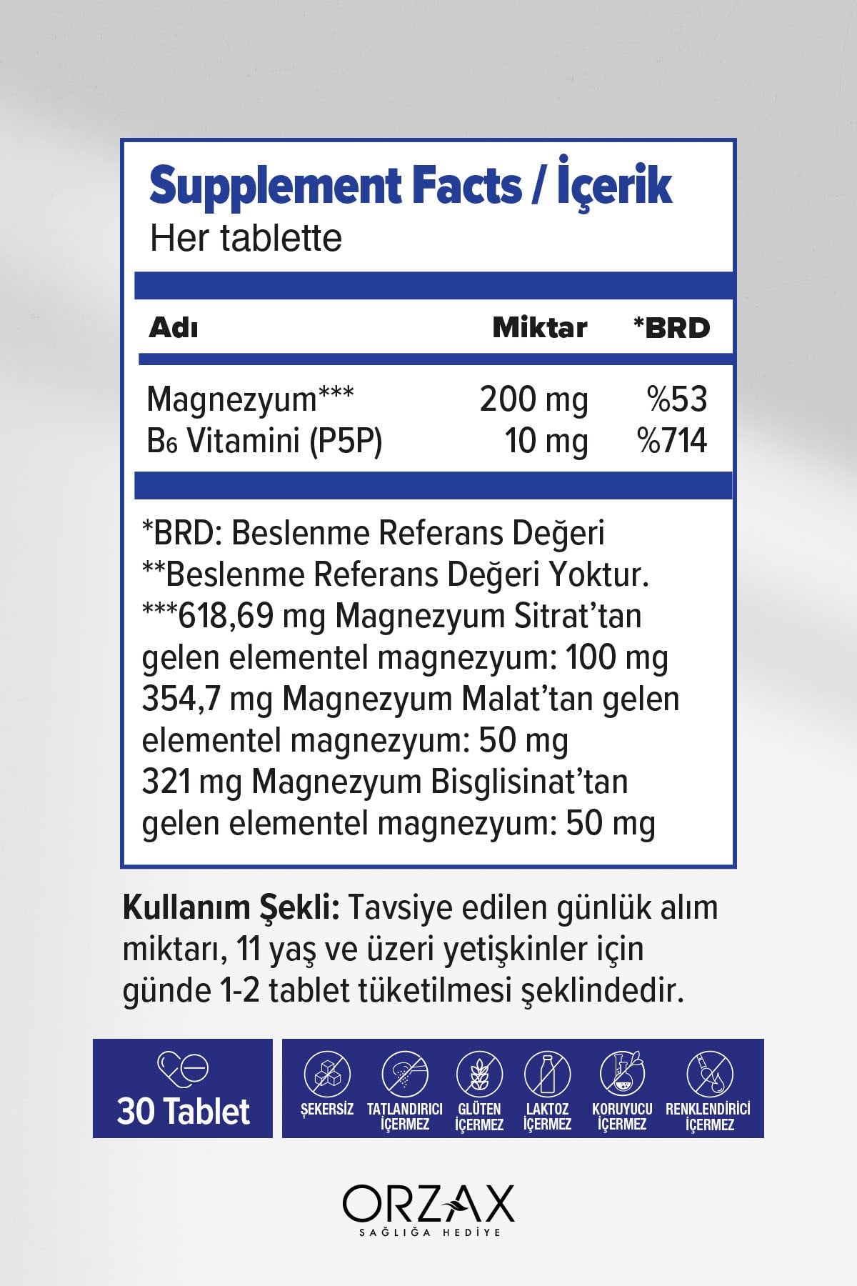 ExtraMag Üçlü Kombinasyon Magnezyum 200 mg Takviye Edici Gıda 30 Tablet
