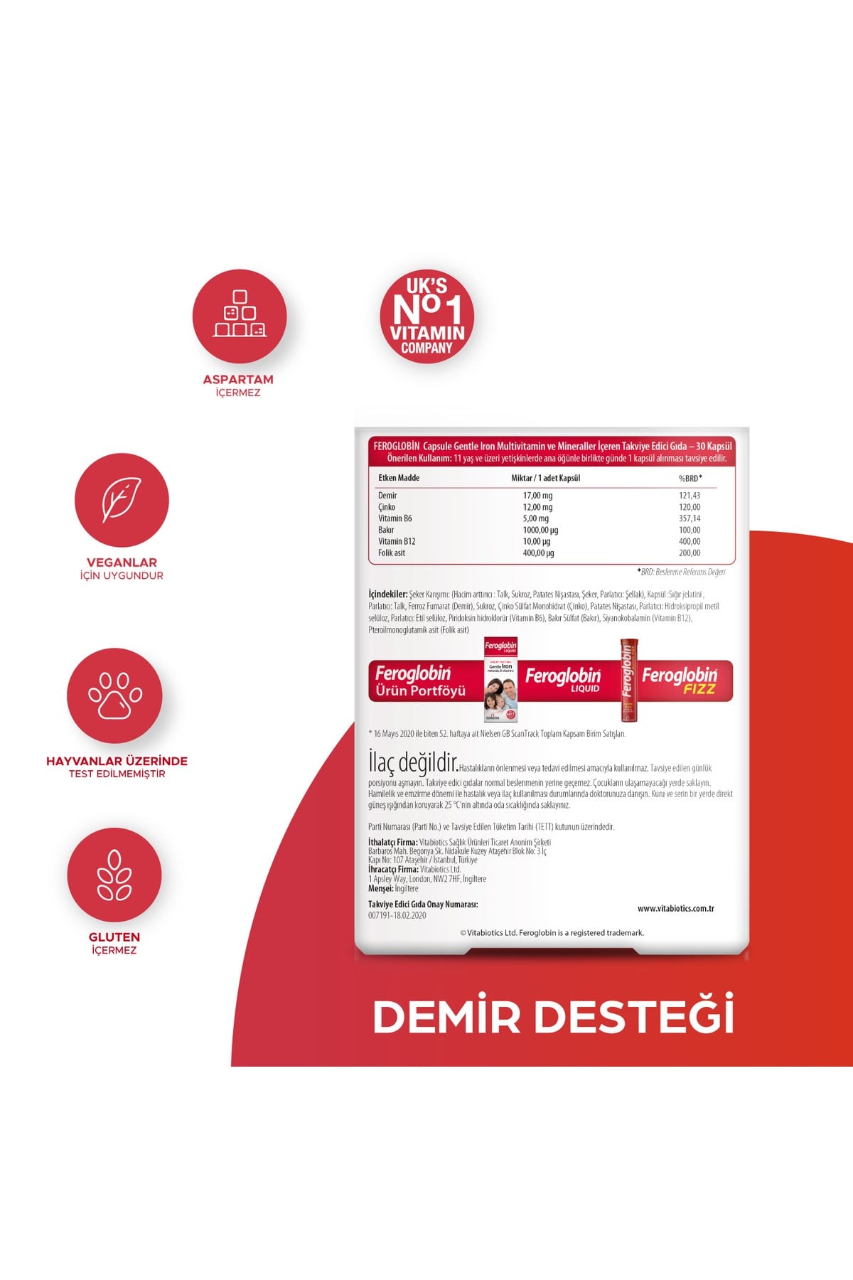 Feroglobin Demir,Vitamin B12,Folik Asit,Çinko,Bakır İçeren Gıda Takviyesi 30 Kapsül