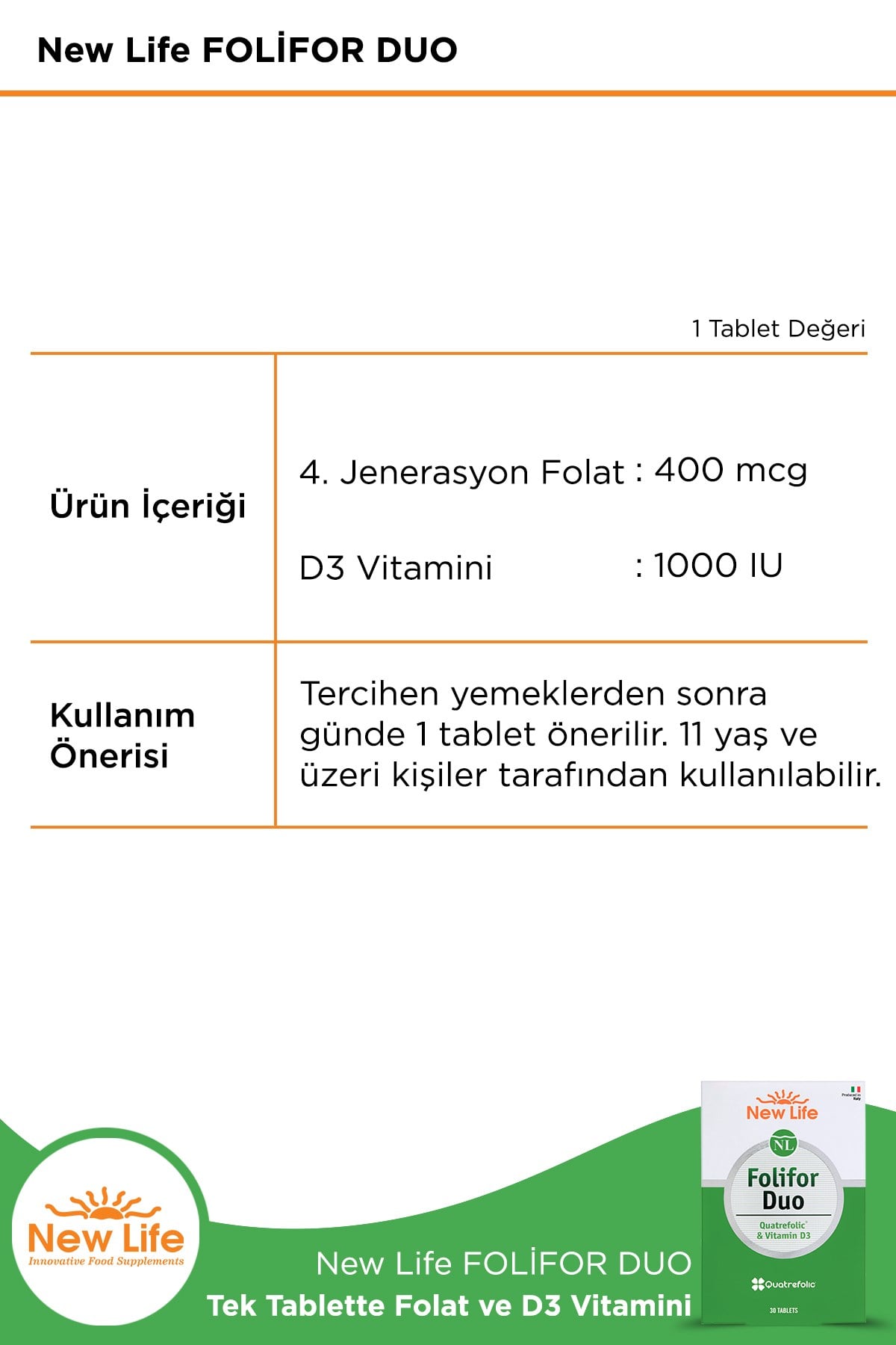 Folifor Duo 30 Tablet - 400mcg Folik Asit (Metilfolat) - 1000IU D3 Vitamini