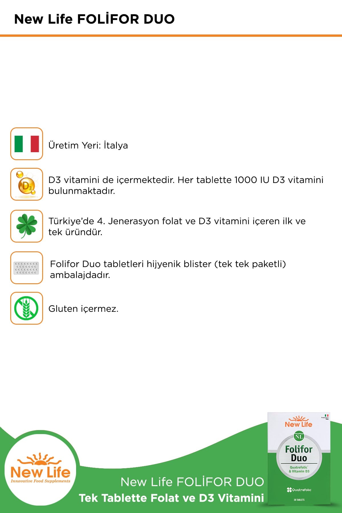 Folifor Duo 30 Tablet - 400mcg Folik Asit (Metilfolat) - 1000IU D3 Vitamini