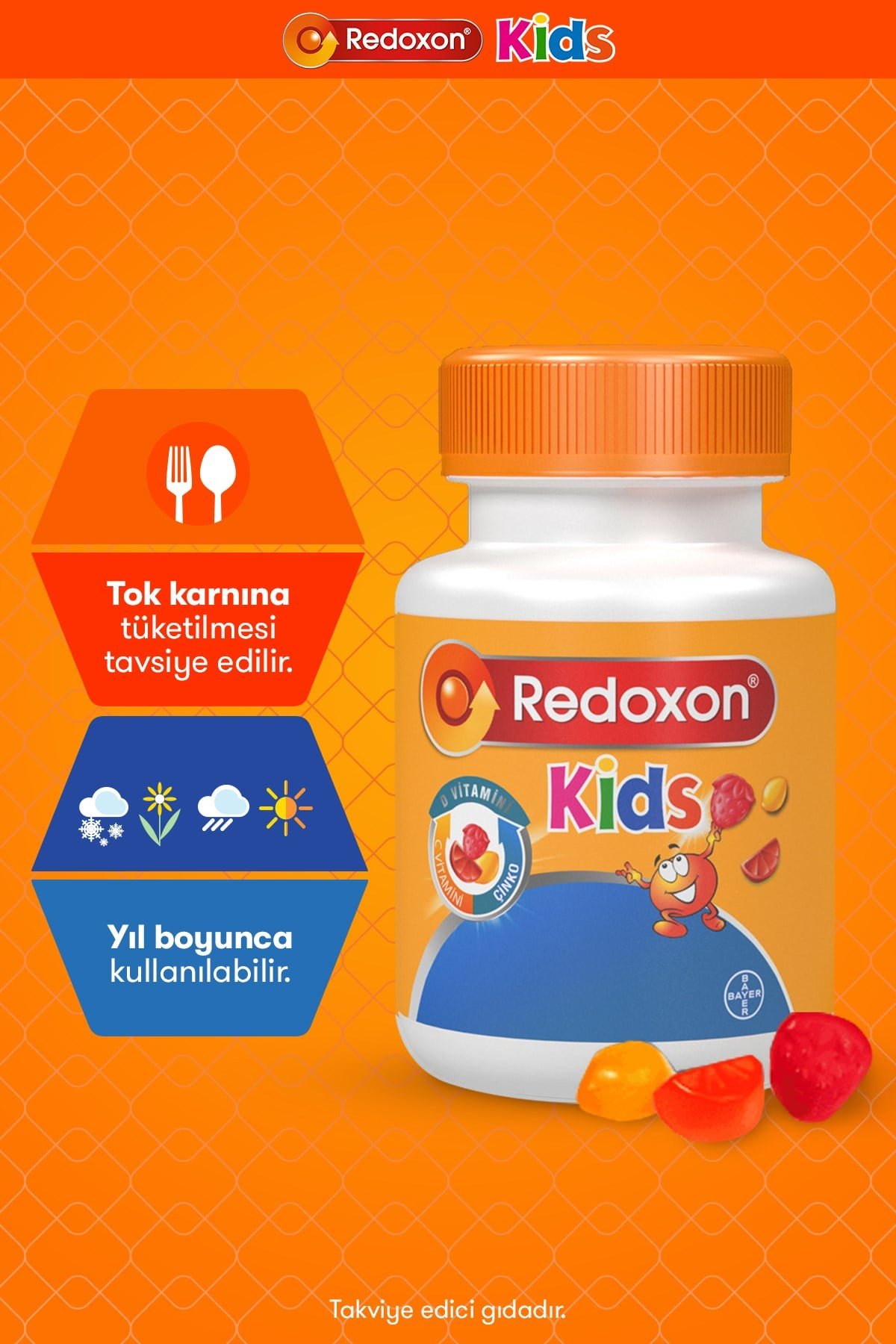 Kids Çiğnenebilir C Vitamini, D Vitamini ve Çinko Takviye Edici Gıda 60 adet