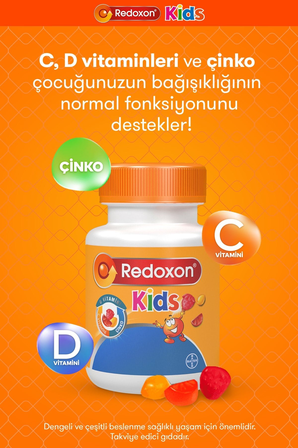 Kids Çiğnenebilir C Vitamini, D Vitamini ve Çinko Takviye Edici Gıda 60 adet