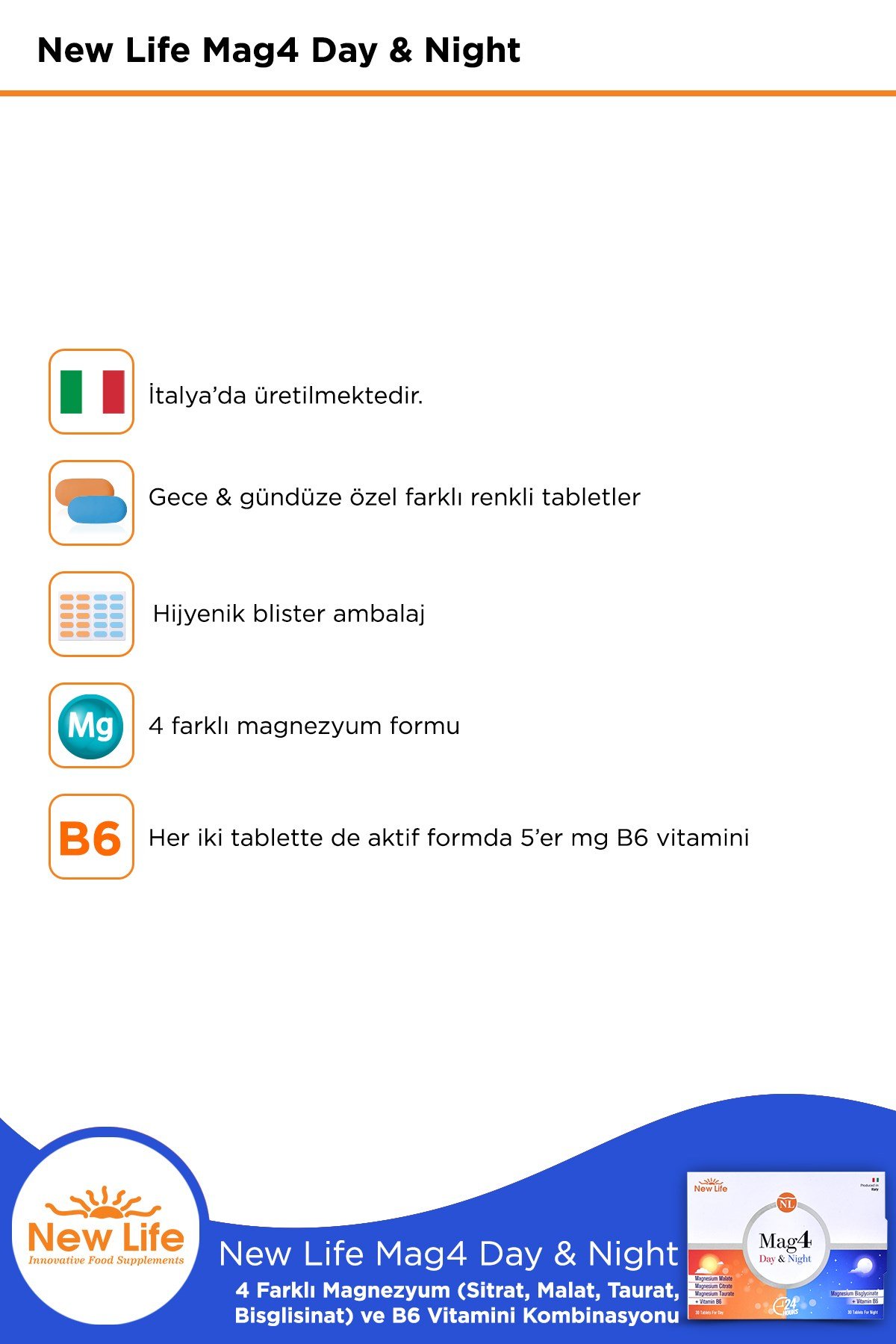 Mag4 Day & Night 60 Tablet Magnezyum Sitrat + Malat + Taurat+ Bisglisinat