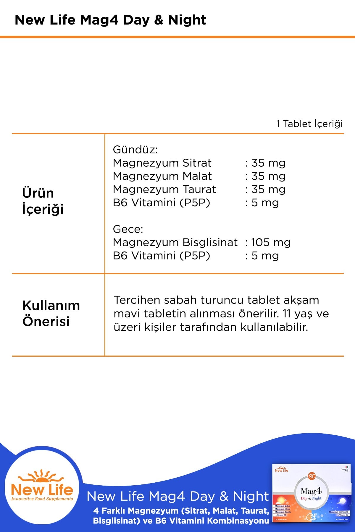 Mag4 Day & Night 60 Tablet Magnezyum Sitrat + Malat + Taurat+ Bisglisinat