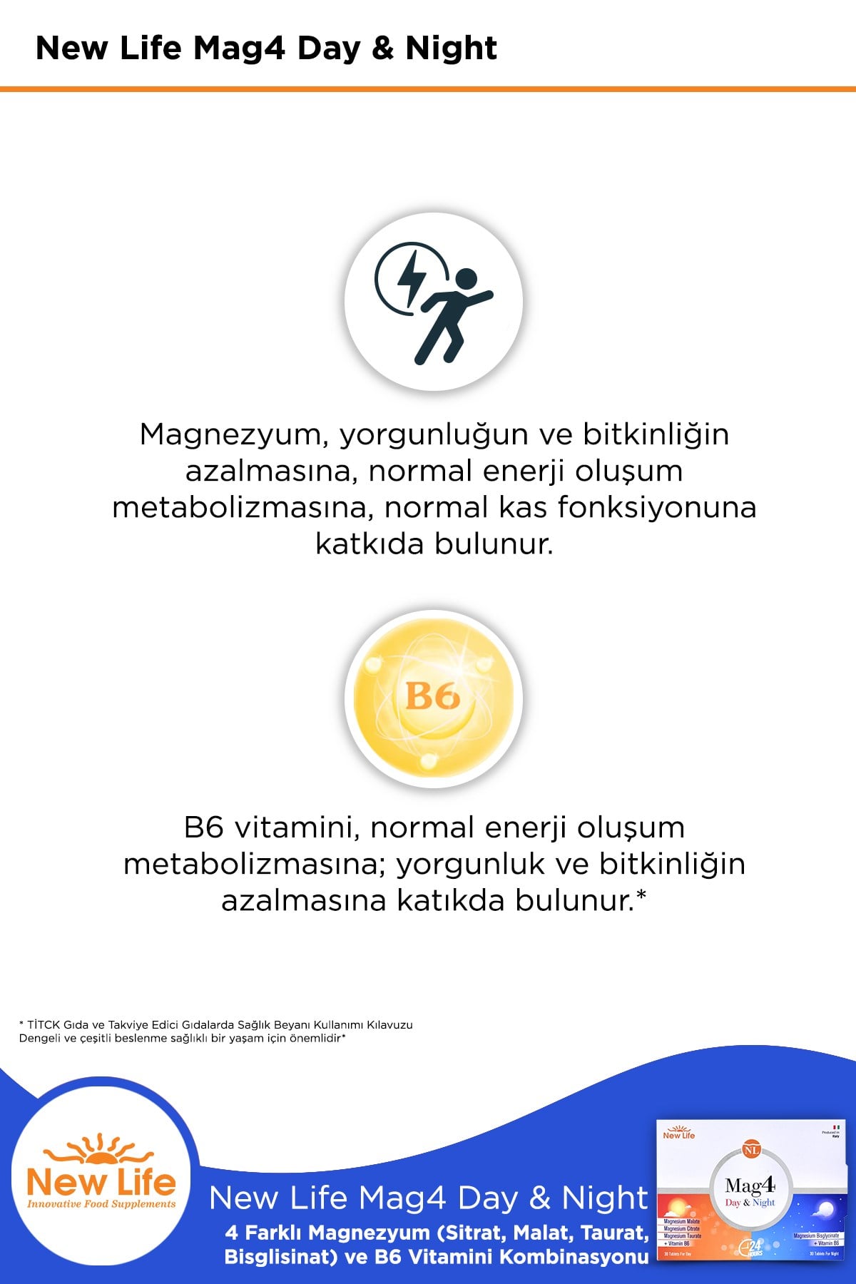 Mag4 Day & Night 60 Tablet Magnezyum Sitrat + Malat + Taurat+ Bisglisinat