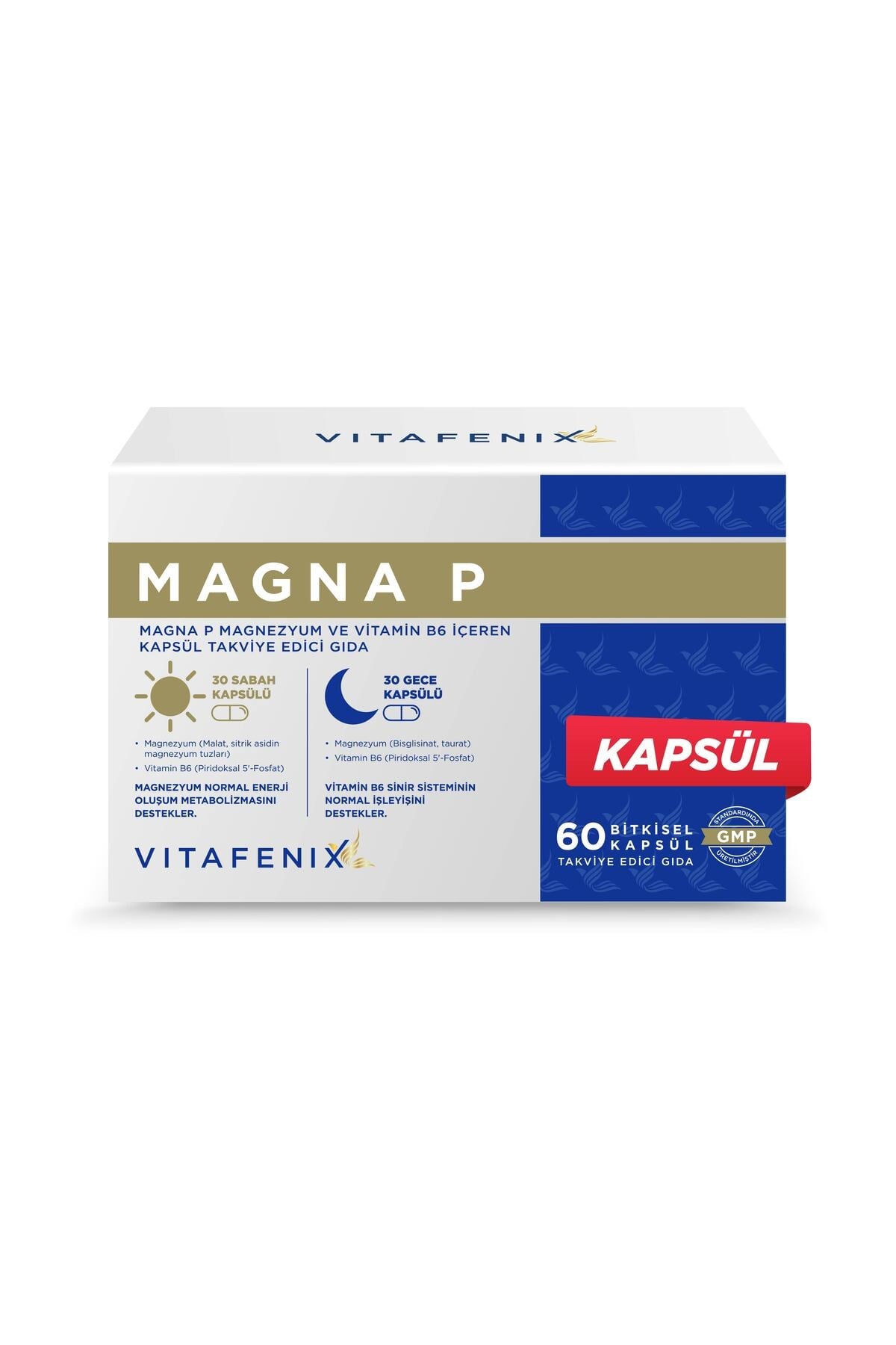 Magna P Magnezyum Takviyesi Glisinat Sitrat Malat Taurat ve B6 Içeren Sabah Gece Magnezyum 60 Kapsül