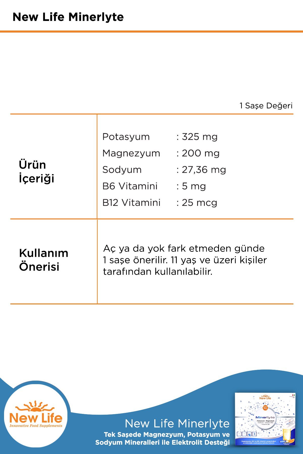Minerlyte 12 Saşe Elektrolit Çözeltisi - Magnezyum - Potasyum - Sodyum - B12 Vitamini - B6 Vitamini