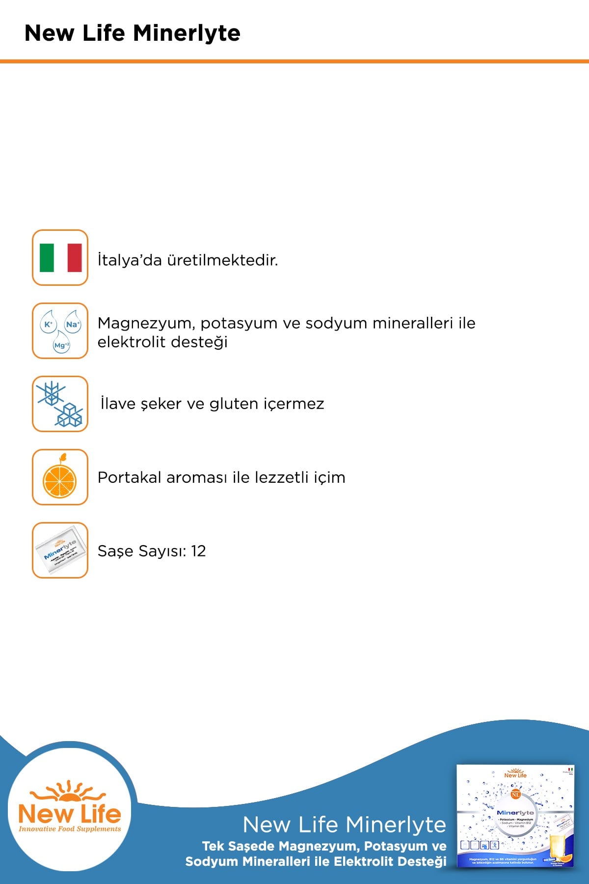 Minerlyte 12 Saşe Elektrolit Çözeltisi - Magnezyum - Potasyum - Sodyum - B12 Vitamini - B6 Vitamini