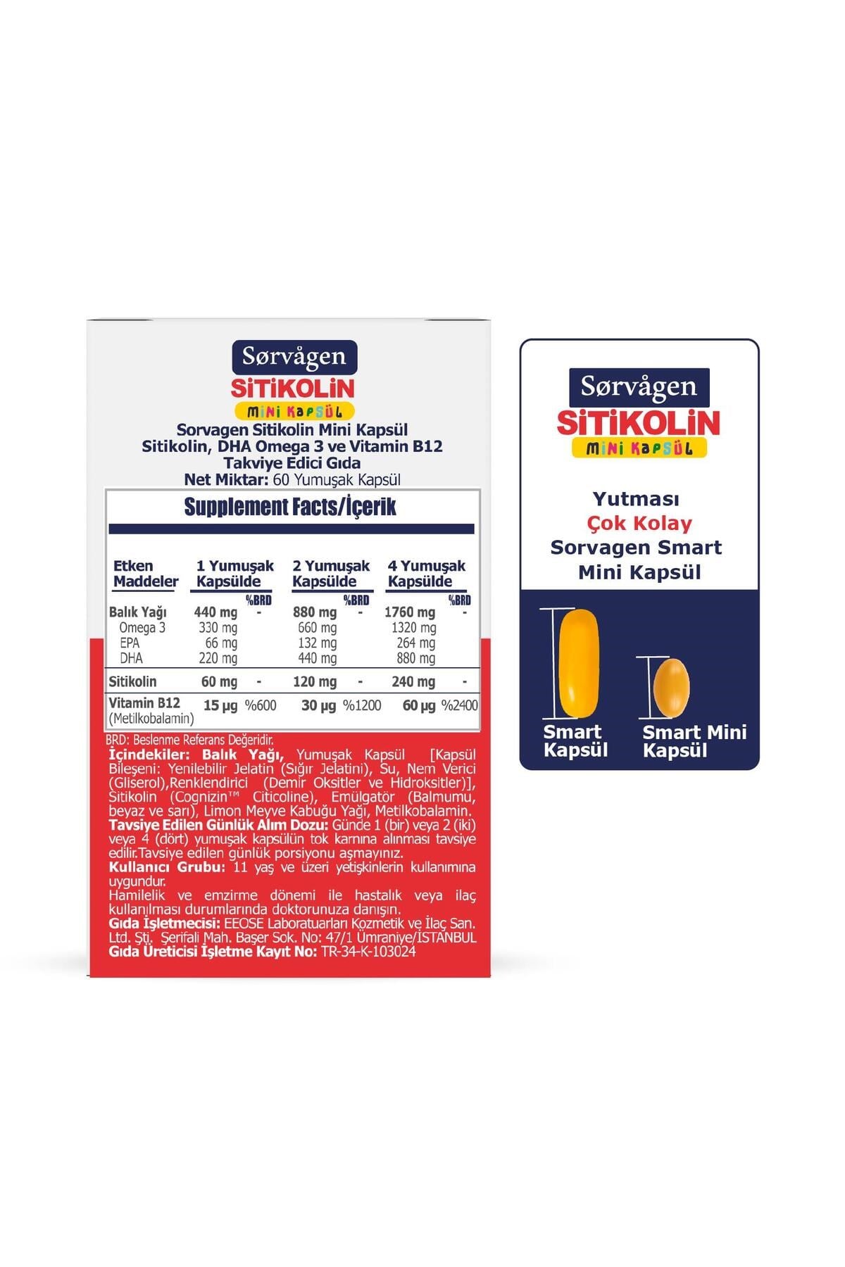 MİNİ KAPSÜL SİTİKOLİN, DHA OMEGA 3 VE B12 - 60 kapsül