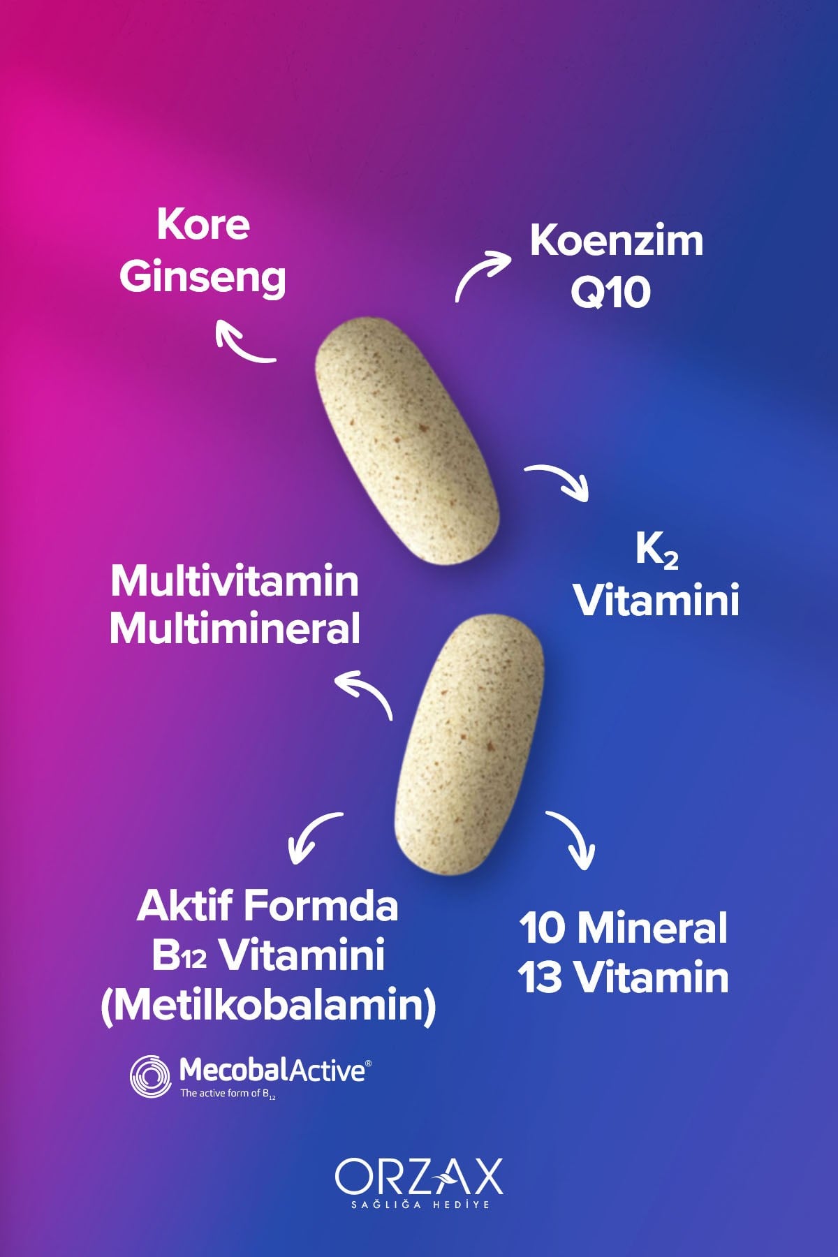 Orzax Daily One Energy Multivitamin-Multimineral (13 Vitamin+10 Mineral) KoenzimQ10-Ginseng 30Tablet