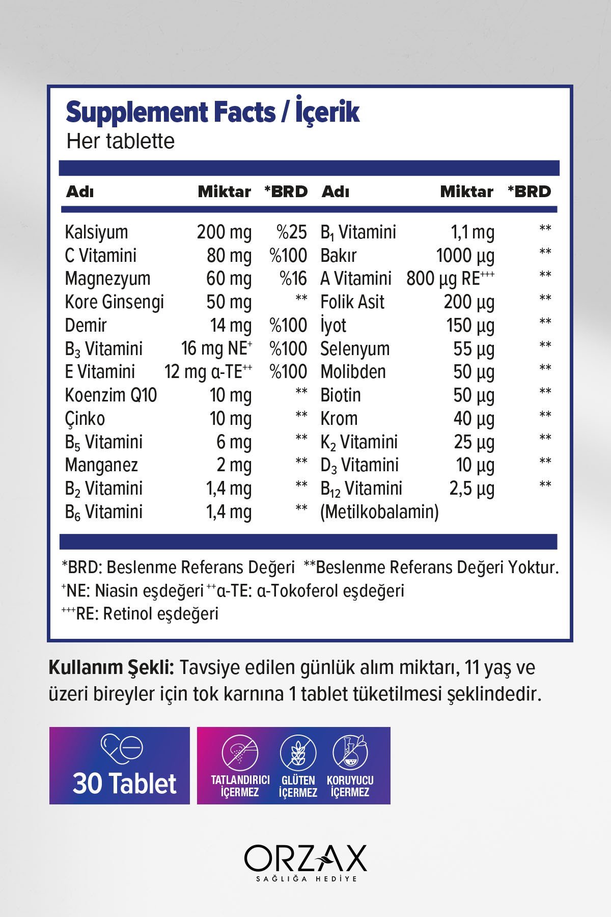 Orzax Daily One Energy Multivitamin-Multimineral (13 Vitamin+10 Mineral) KoenzimQ10-Ginseng 30Tablet
