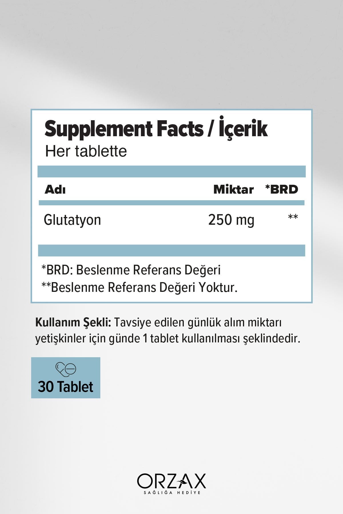 Orzax L-glutathione 250 Mg 30 Tablet Takviye Edici Gıda
