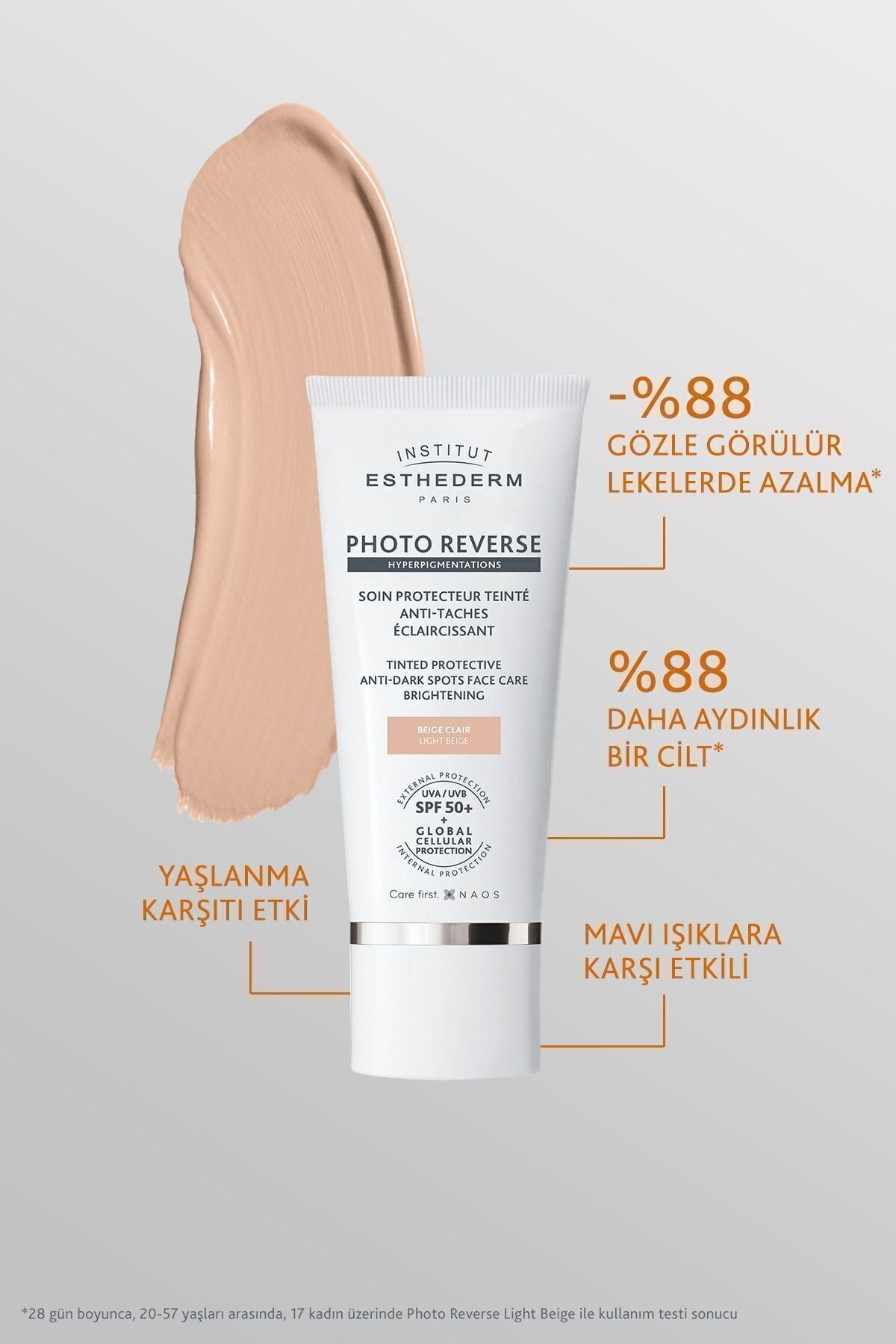 Photo Reverse Tinted Light Beige Leke Karşıtı UVA/UVB SPF50+ Yüksek Korumalı Renkli Güneş Kremi 50ML