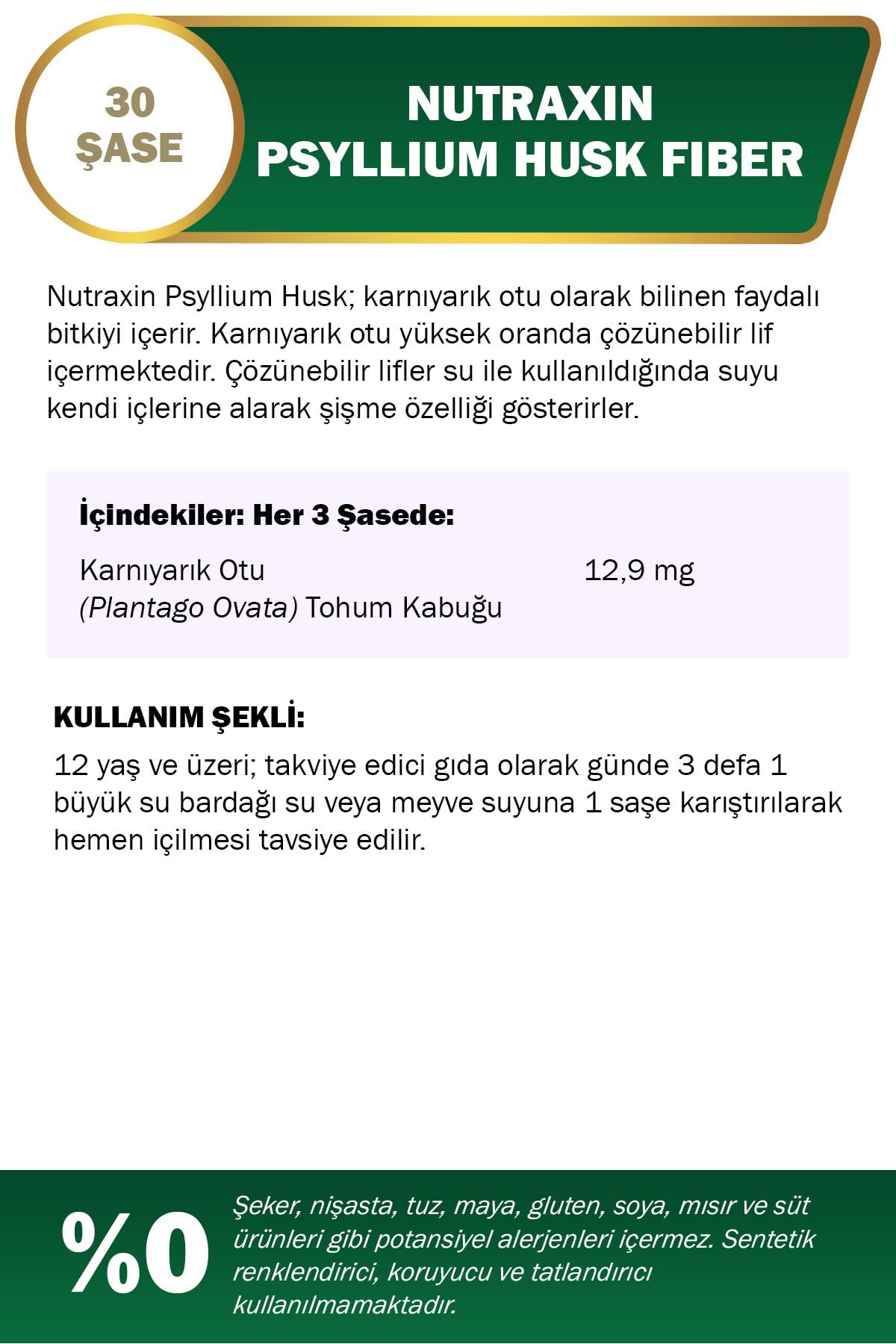 Psyllium Husk Fiber 30 Saşe | Yüksek Lif İçeriği | Karnıyarık Otu (Plantago Ovata)
