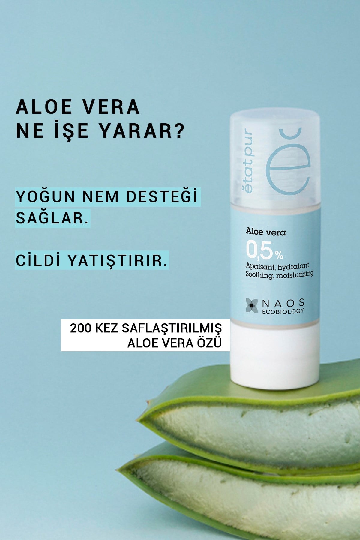 Pure Active Aloe Vera Kuru Ciltler için Nemlendirici Yatıştırıcı Konsantre Bakım Serumu 15ML