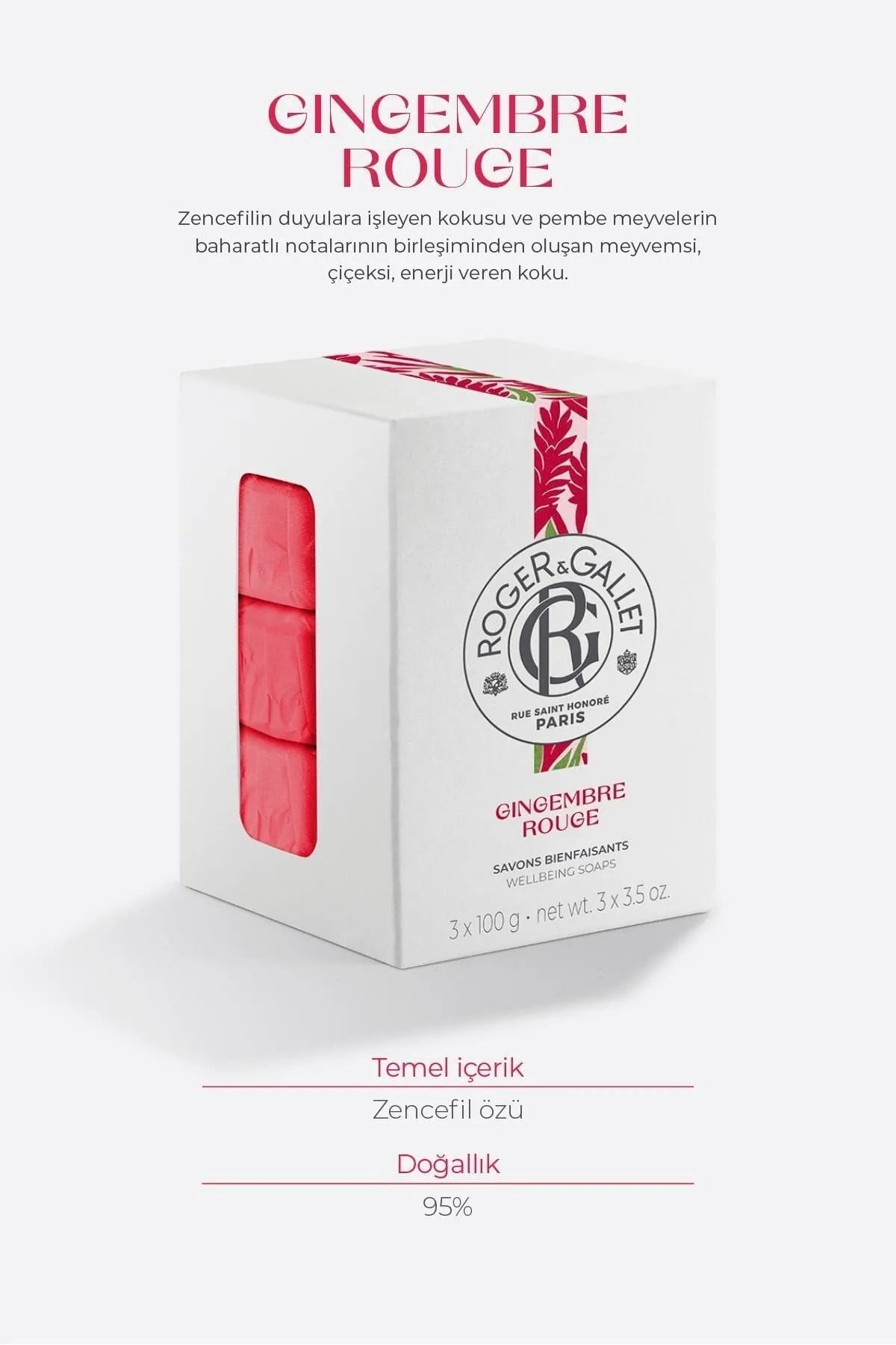 Roger & Gallet Gingembre Rouge Katı Sabun 100 g x3 - Egzotik Kırmızı Zencefil & Kalıcı Doğal Koku