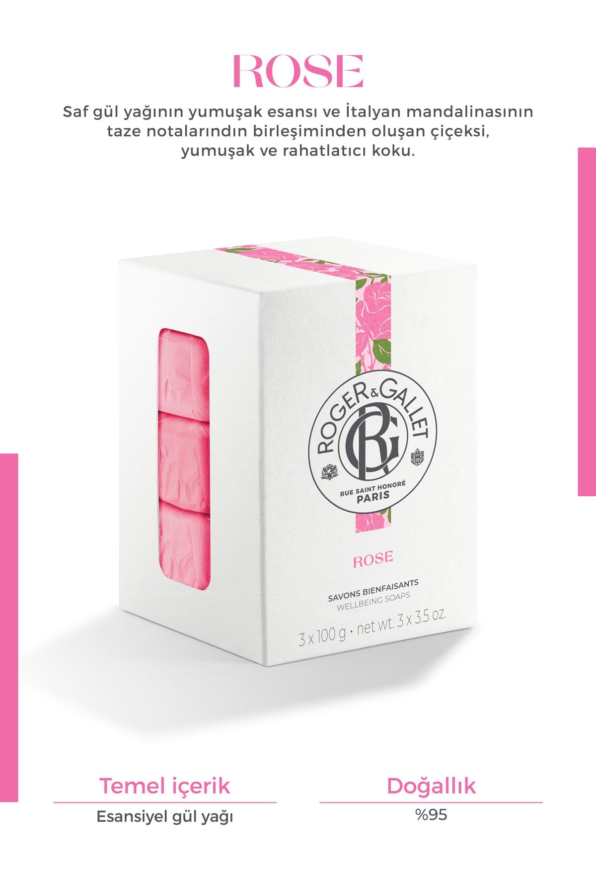Roger & Gallet Rose Katı Sabun 100 g x3 - Bitkisel Gül Özü & Kalıcı Doğal Koku
