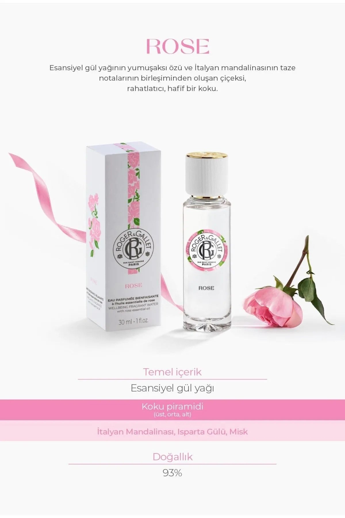 Rose Doğal Gül Yağı ve İtalyan Mandalina Özlü Çiçeksi Parfüm EDT 30 ml