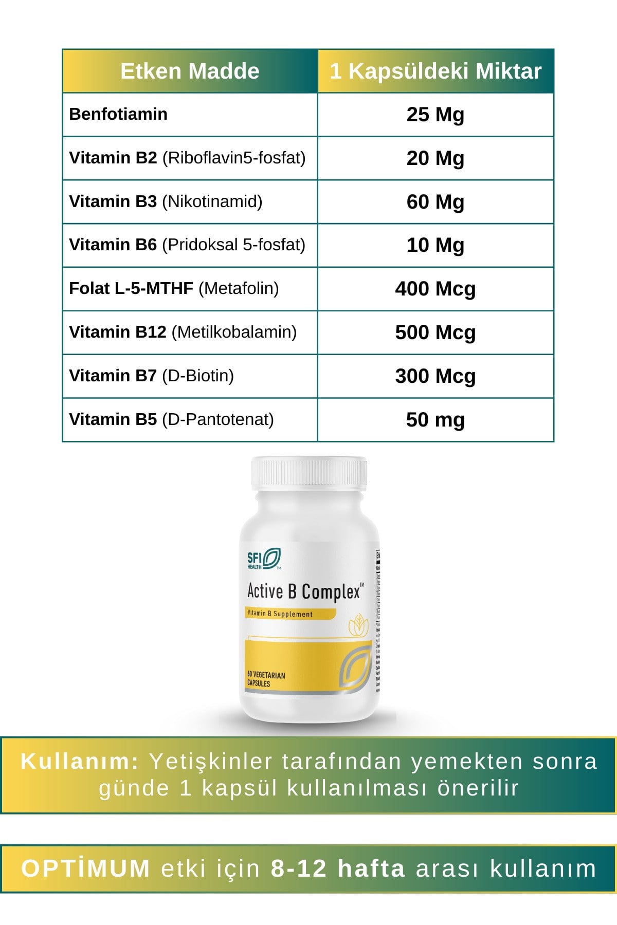 SFI Active B Complex™ Günlük B Vitamini Takviyesi | 8 Aktif B Vitamini 60 Kapsül