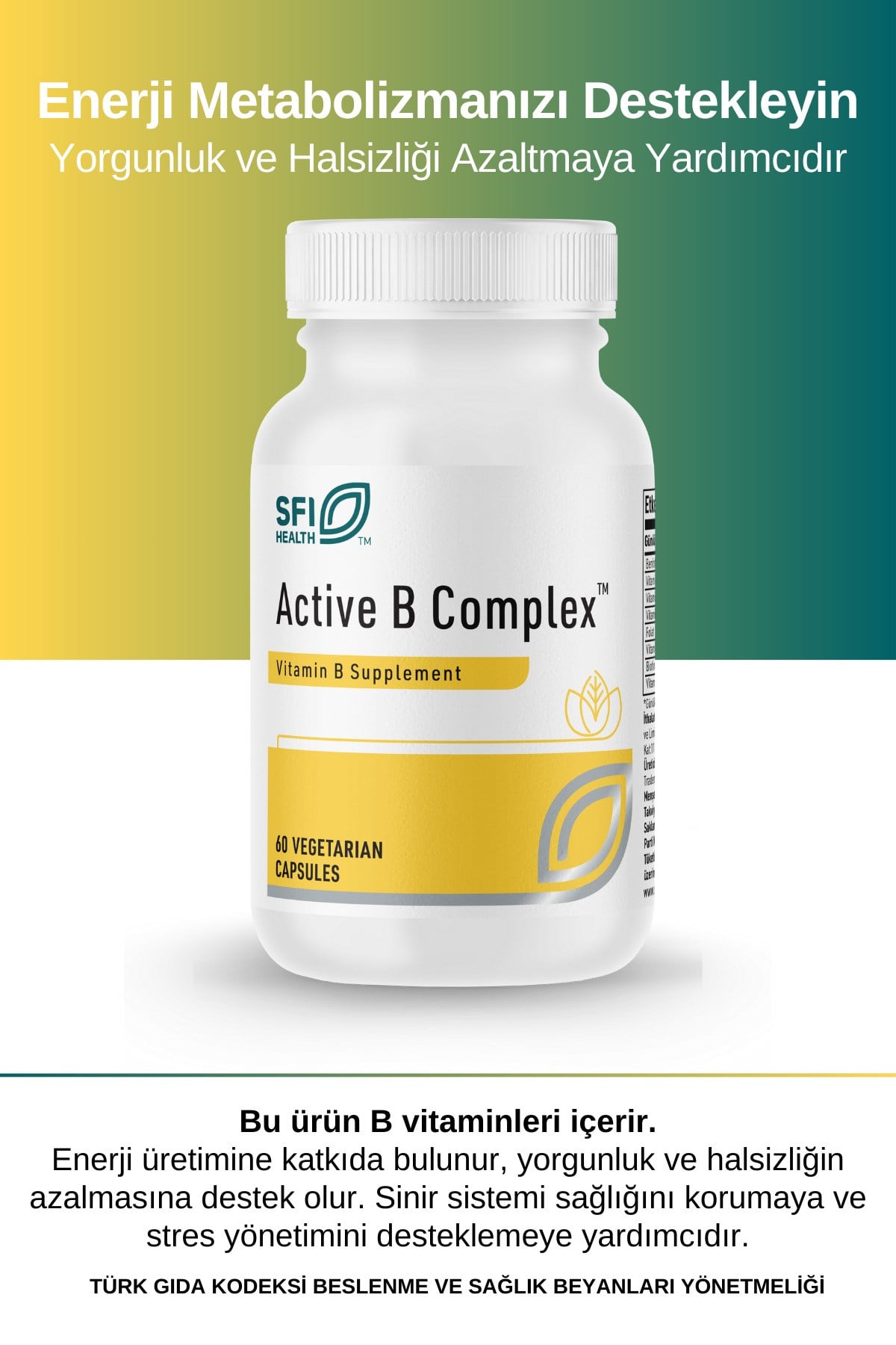 SFI Active B Complex™ Günlük B Vitamini Takviyesi | 8 Aktif B Vitamini 60 Kapsül