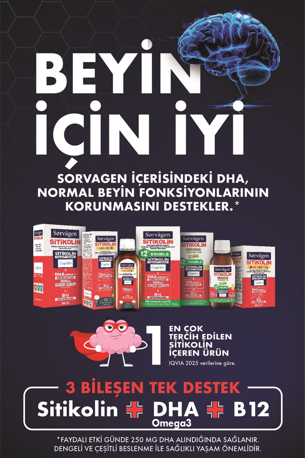 SİTİKOLİN, DHA OMEGA 3 VE B12 (30 KAPSÜL)