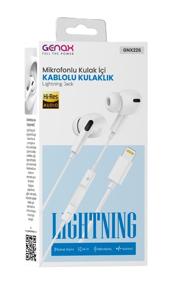  Lightning Jack Mikrofonlu Kulak İçi Kablolu Kulaklık Genax GNX226 Hi-Res Audio