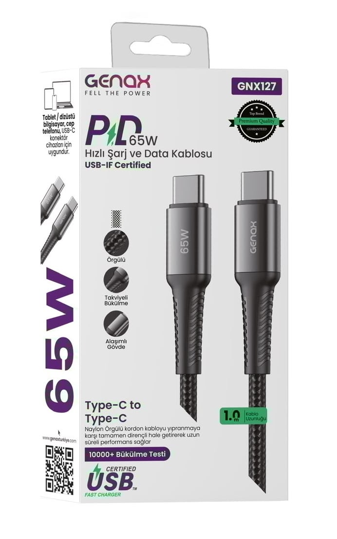 Toptan Type-C to Type-C  PD 65W Örgülü Hızlı Şarj ve Data Kablosu (1 Metre)