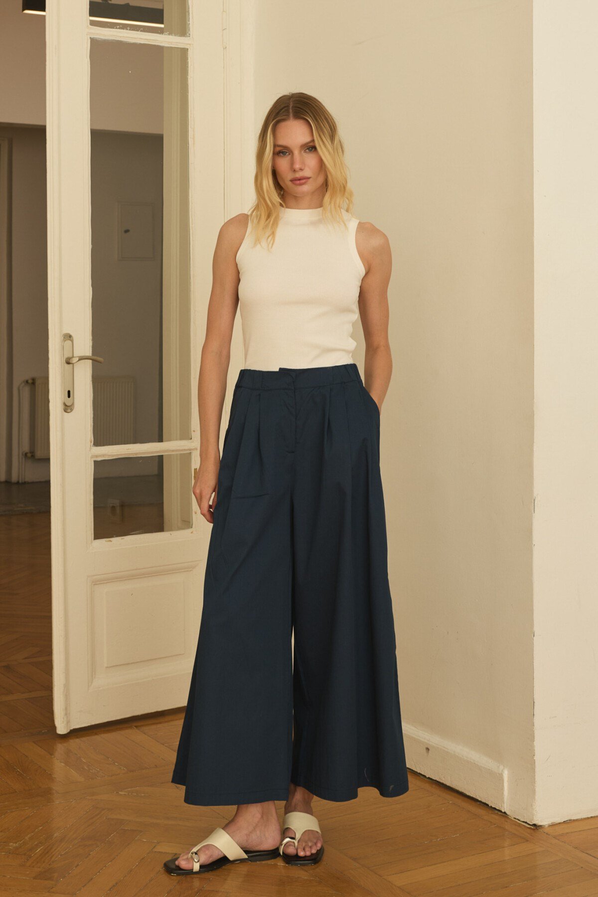 Lacivert Ön Pileli Culotte Pantolon