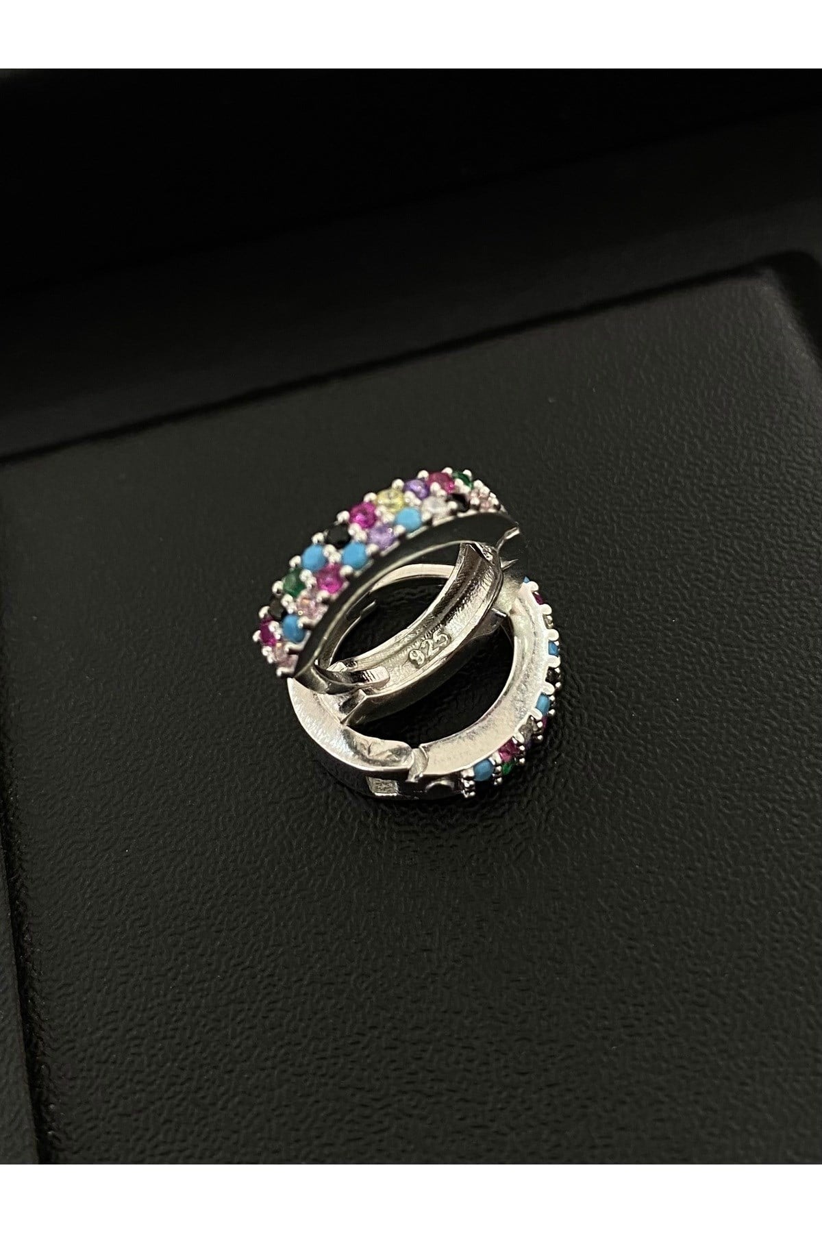 925 Ayar Gümüş 2 Sıra Mix Taşlı Kadın Gümüş Halka Küpe (14MM) (3MM)