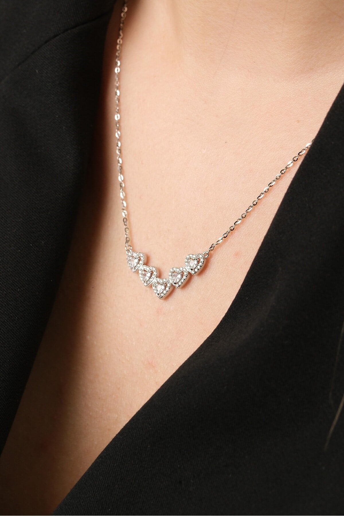 925 Ayar Gümüş 5 Sıralı Kalp Kadın Gümüş Kolye