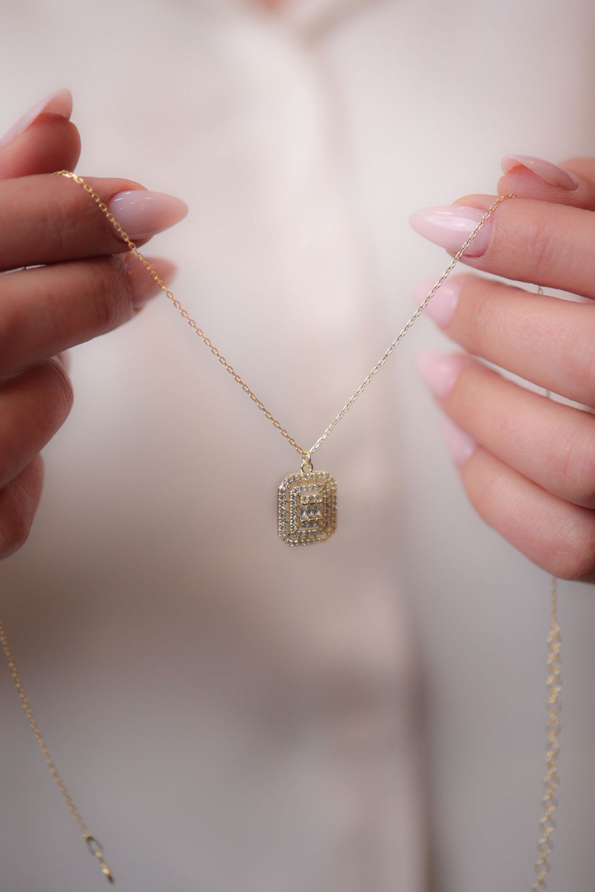 925 Ayar Gümüş Altın Yaldızlı Baget Kadın Gümüş Kolye (40+5CM) (Gold)