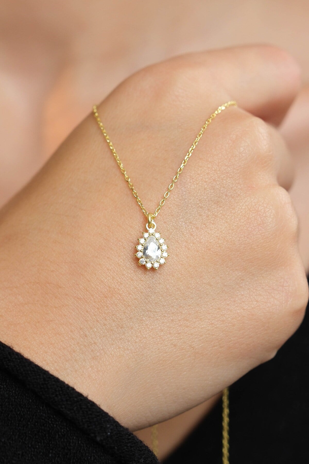 925 Ayar Gümüş Altın Yaldızlı Damla Modeli Kadın Gümüş Kolye (40+5CM) (Gold)