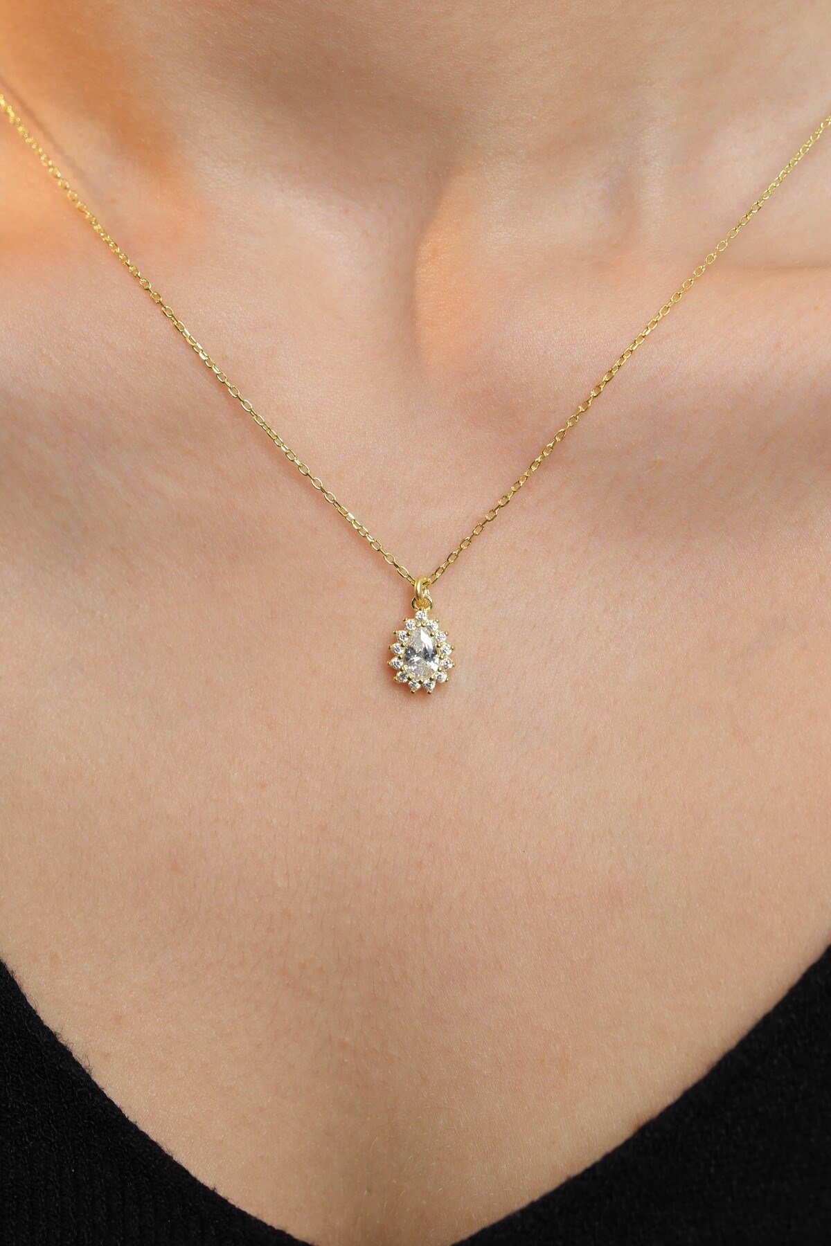 925 Ayar Gümüş Altın Yaldızlı Damla Modeli Kadın Gümüş Kolye (40+5CM) (Gold)
