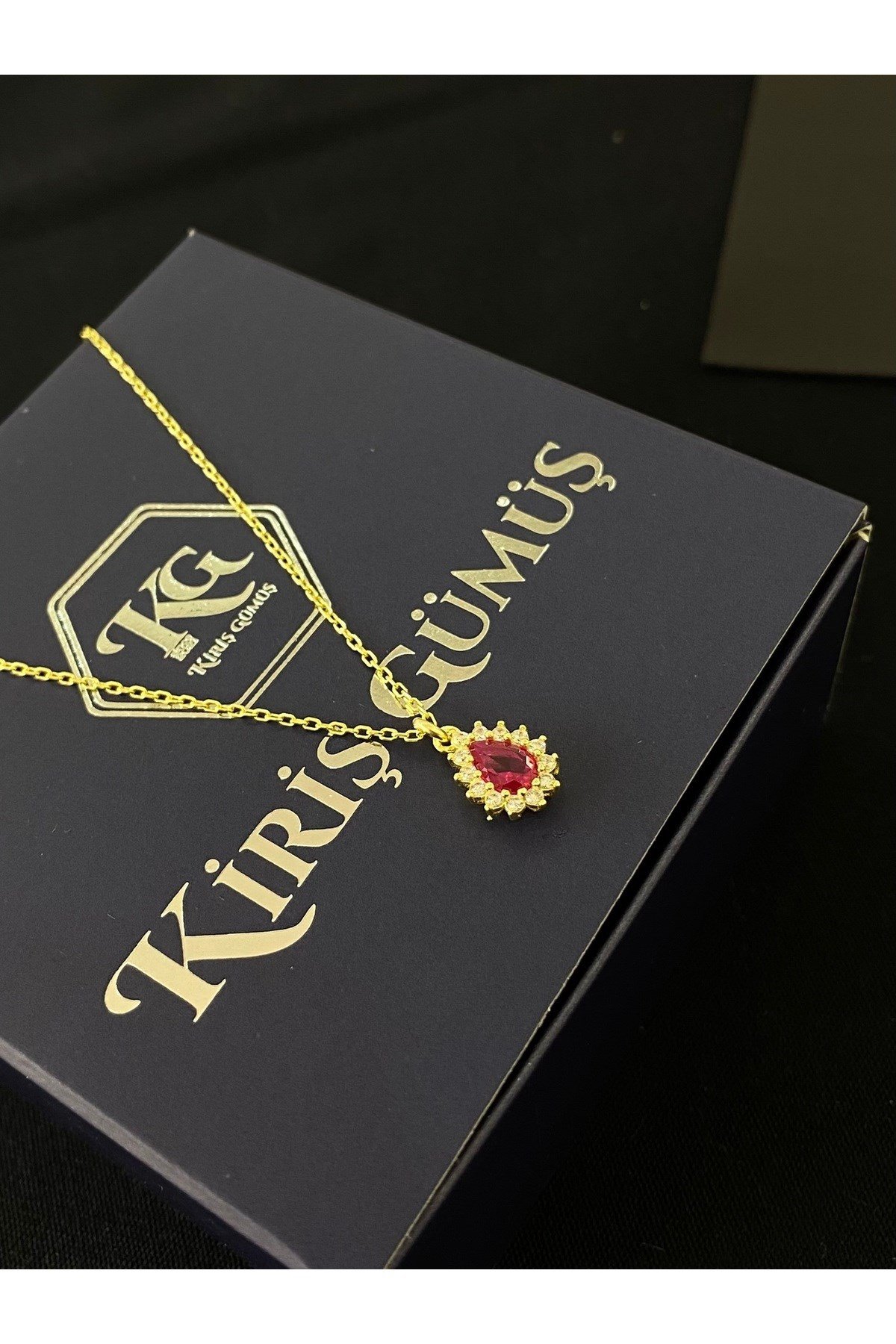 925 Ayar Gümüş Altın Yaldızlı Kırmızı Damla Modeli Kadın Gümüş Kolye (40+5CM) (Gold)