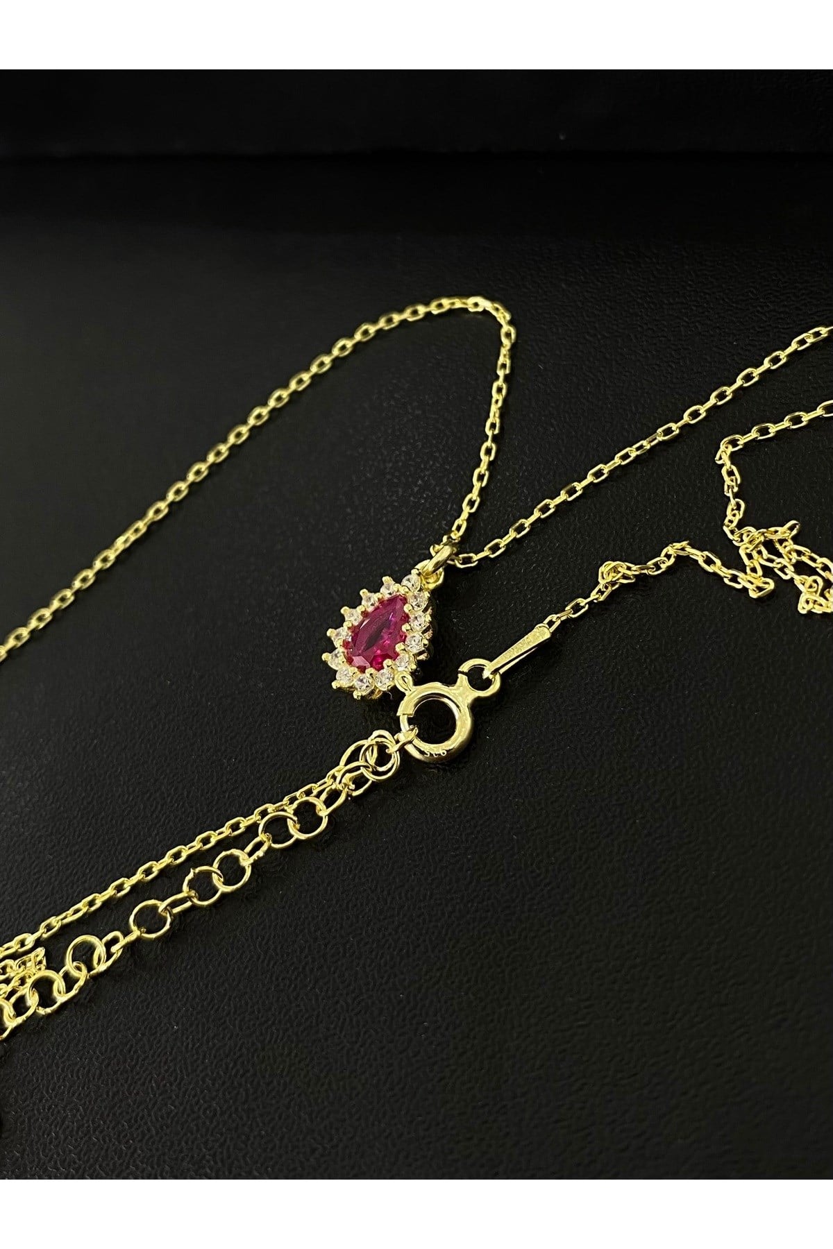 925 Ayar Gümüş Altın Yaldızlı Kırmızı Damla Modeli Kadın Gümüş Kolye (40+5CM) (Gold)