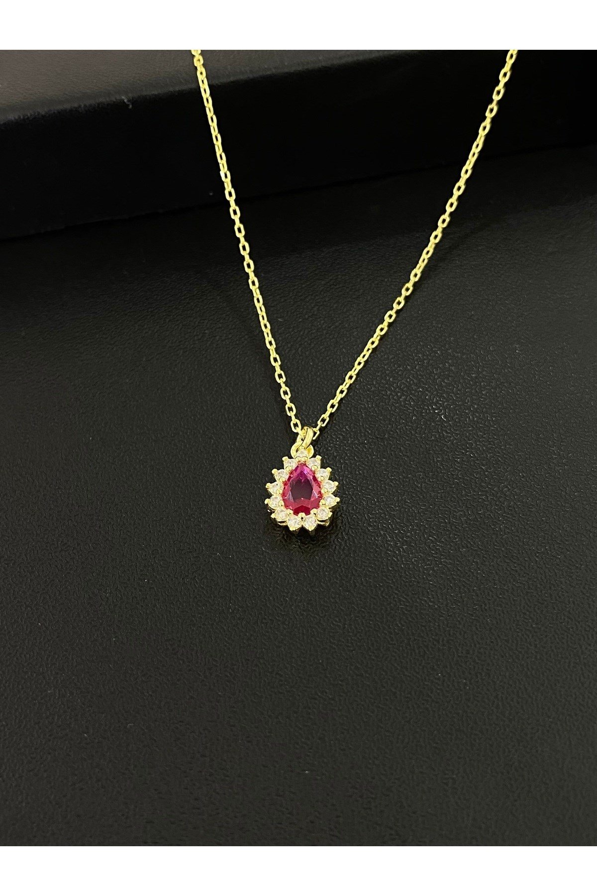 925 Ayar Gümüş Altın Yaldızlı Kırmızı Damla Modeli Kadın Gümüş Kolye (40+5CM) (Gold)