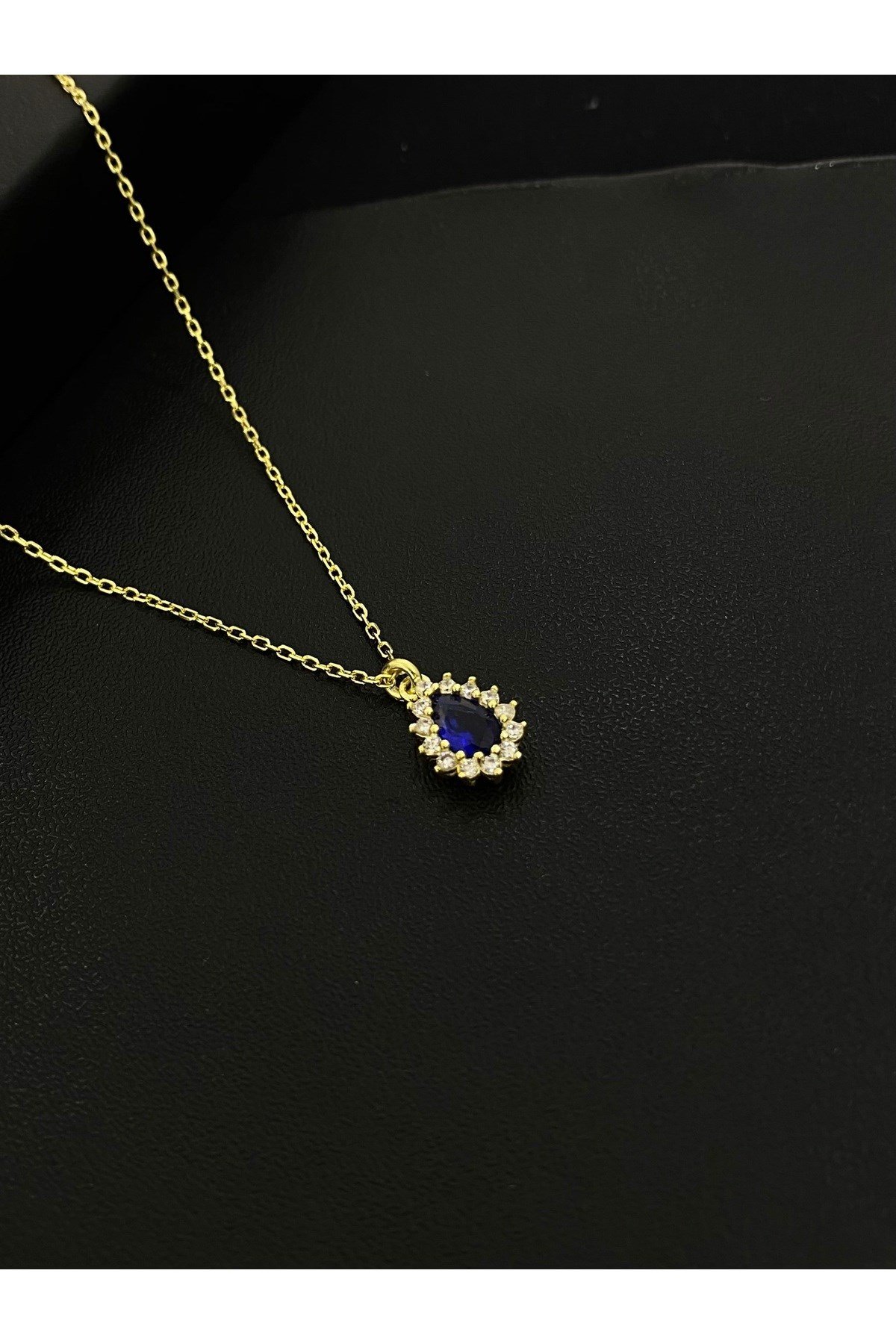 925 Ayar Gümüş Altın Yaldızlı Lacivert Damla Modeli Kadın Gümüş Kolye (40+5CM) (Gold)