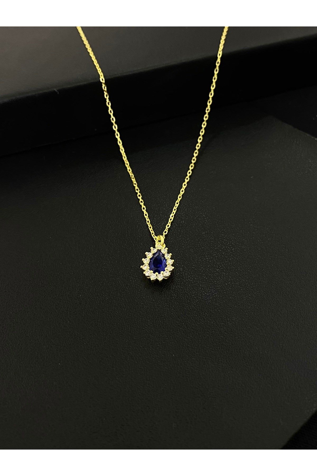 925 Ayar Gümüş Altın Yaldızlı Lacivert Damla Modeli Kadın Gümüş Kolye (40+5CM) (Gold)