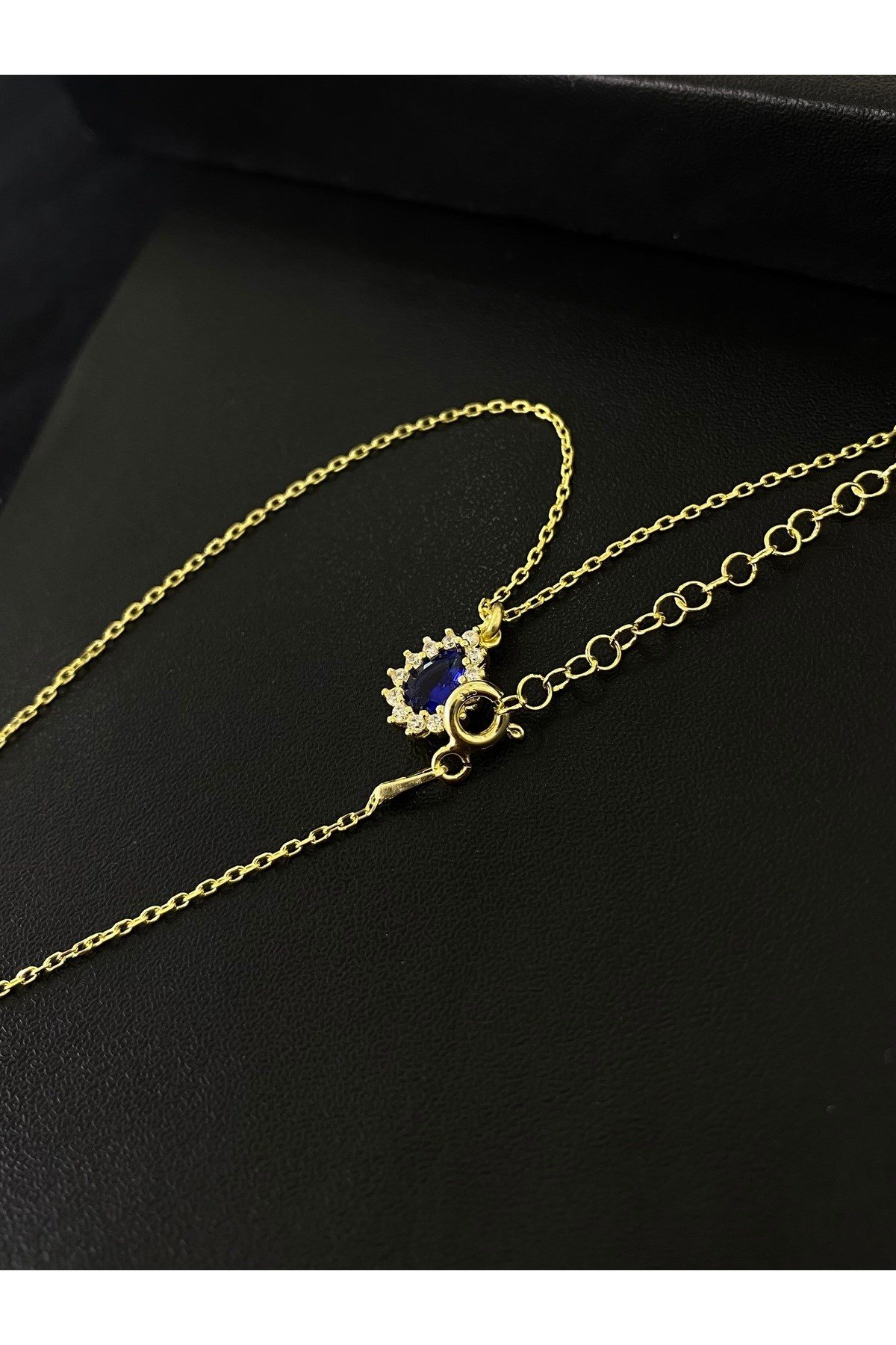 925 Ayar Gümüş Altın Yaldızlı Lacivert Damla Modeli Kadın Gümüş Kolye (40+5CM) (Gold)