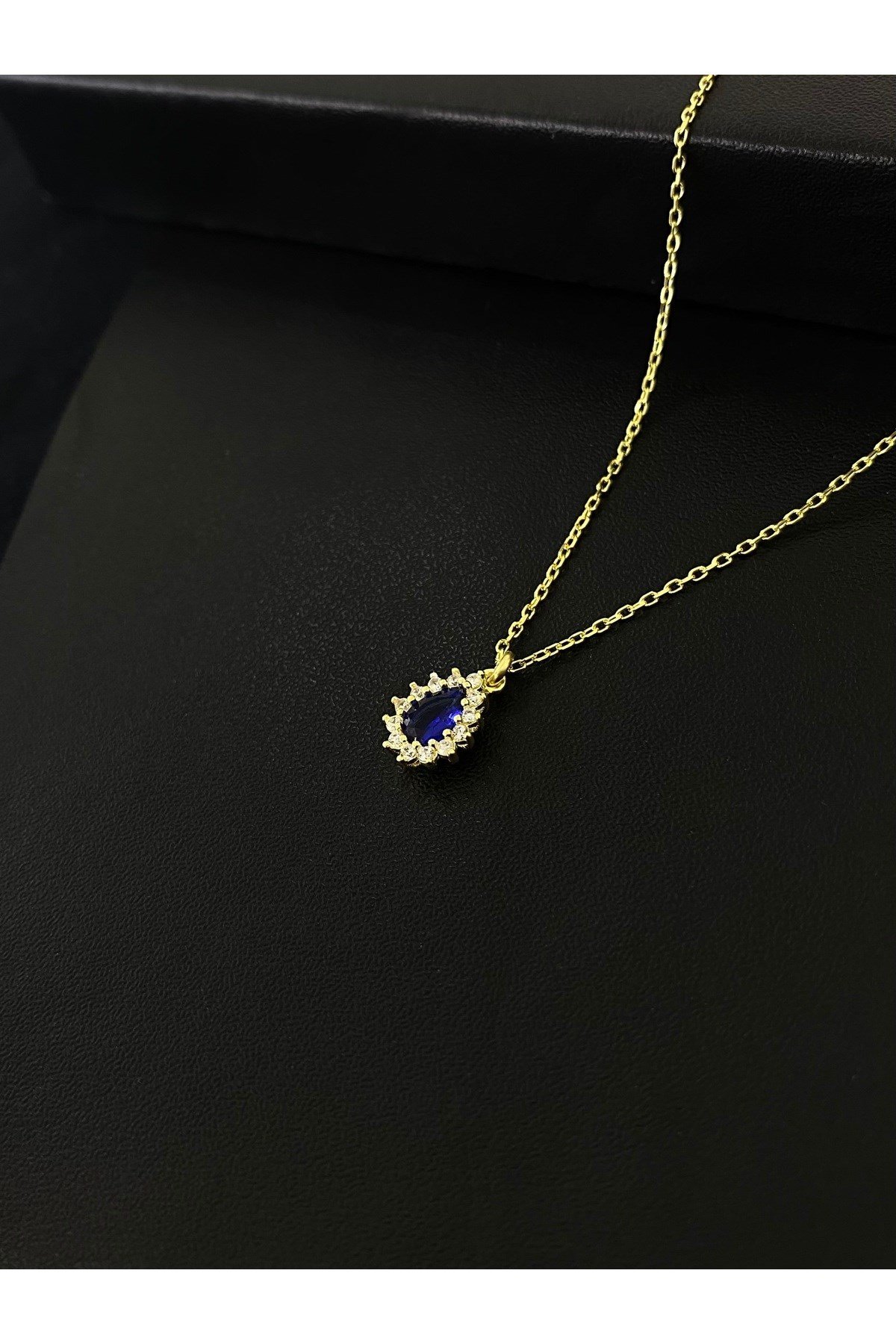 925 Ayar Gümüş Altın Yaldızlı Lacivert Damla Modeli Kadın Gümüş Kolye (40+5CM) (Gold)