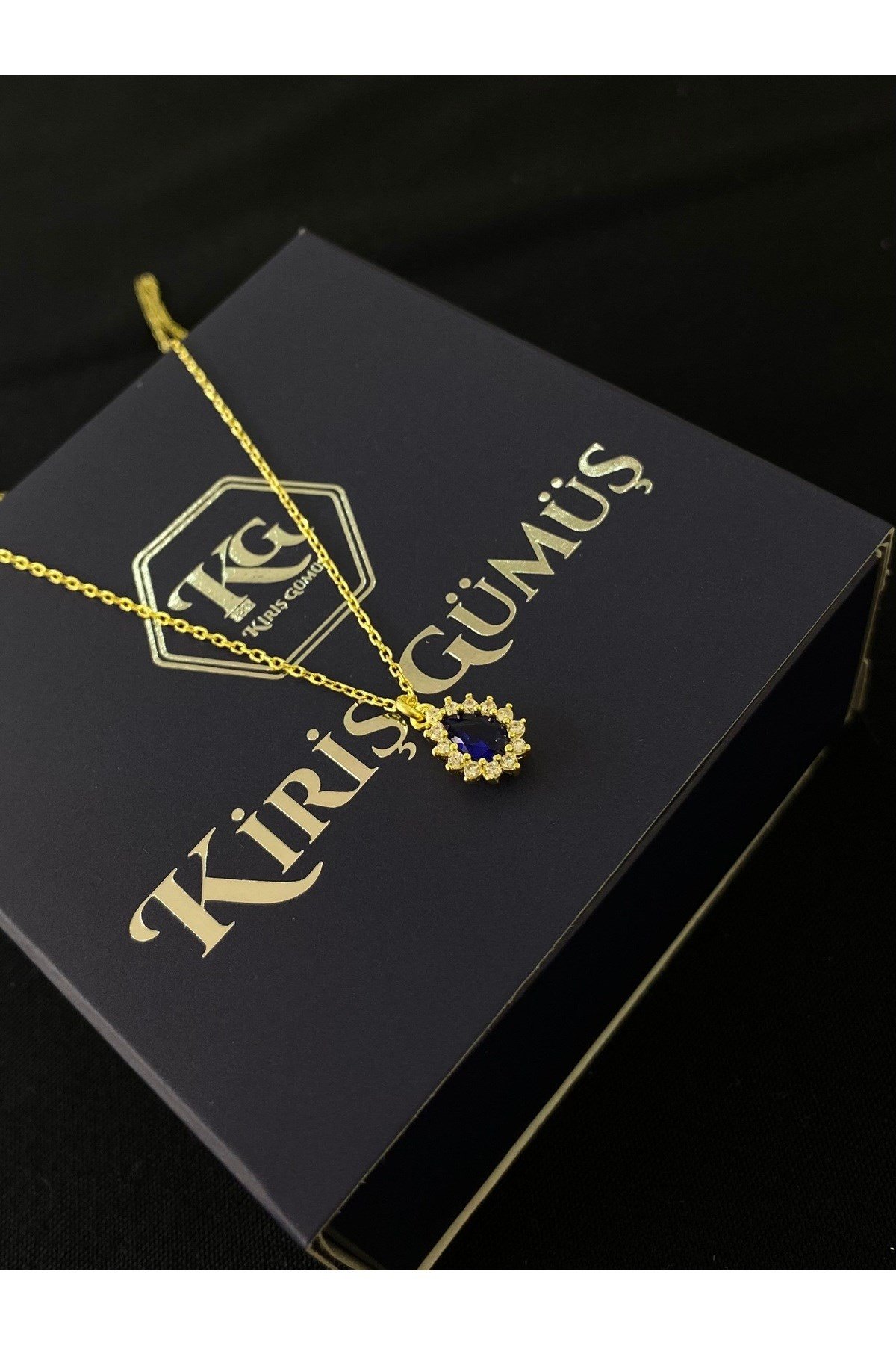 925 Ayar Gümüş Altın Yaldızlı Lacivert Damla Modeli Kadın Gümüş Kolye (40+5CM) (Gold)