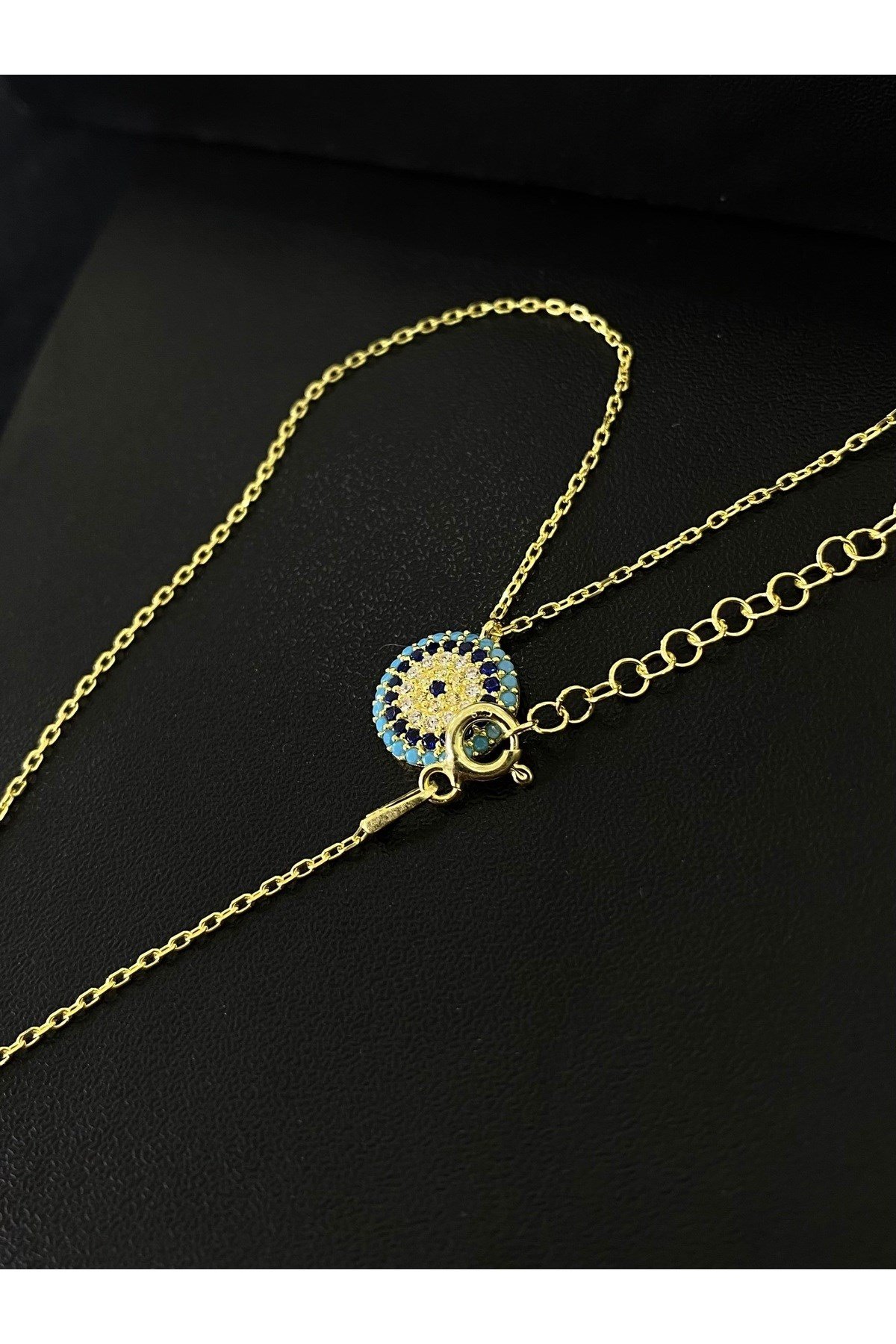 925 Ayar Gümüş Altın Yaldızlı Nazar Boncuğu Modeli Kadın Gümüş Kolye (40+5CM) (Gold)