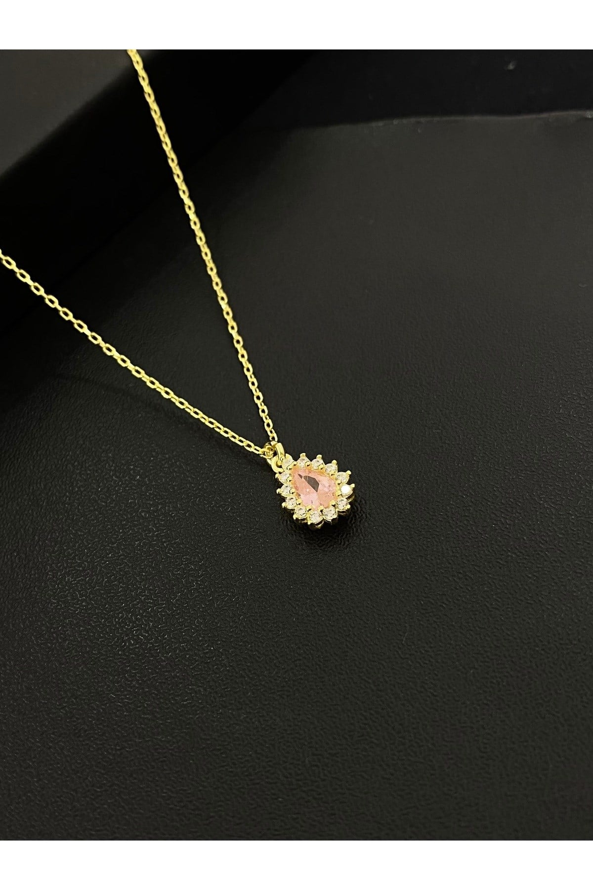 925 Ayar Gümüş Altın Yaldızlı Pembe Damla Modeli Kadın Gümüş Kolye (40+5CM) (Gold)