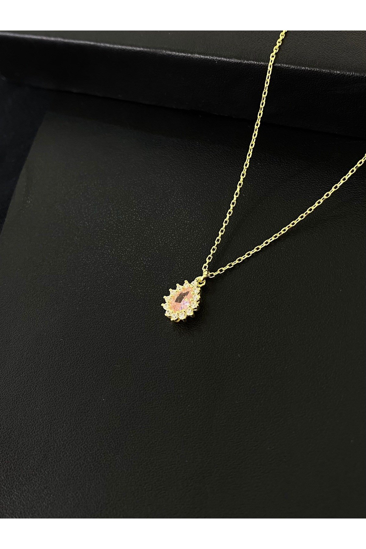 925 Ayar Gümüş Altın Yaldızlı Pembe Damla Modeli Kadın Gümüş Kolye (40+5CM) (Gold)