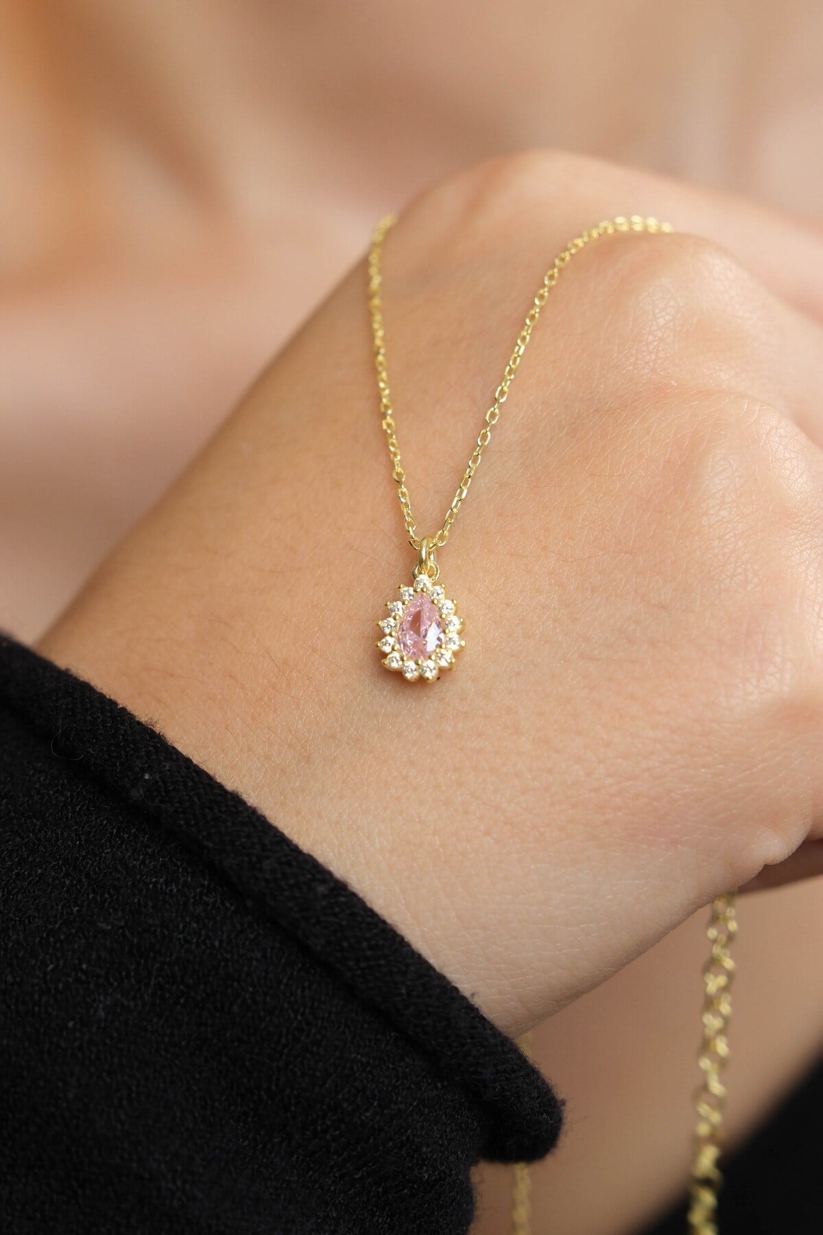 925 Ayar Gümüş Altın Yaldızlı Pembe Damla Modeli Kadın Gümüş Kolye (40+5CM) (Gold)