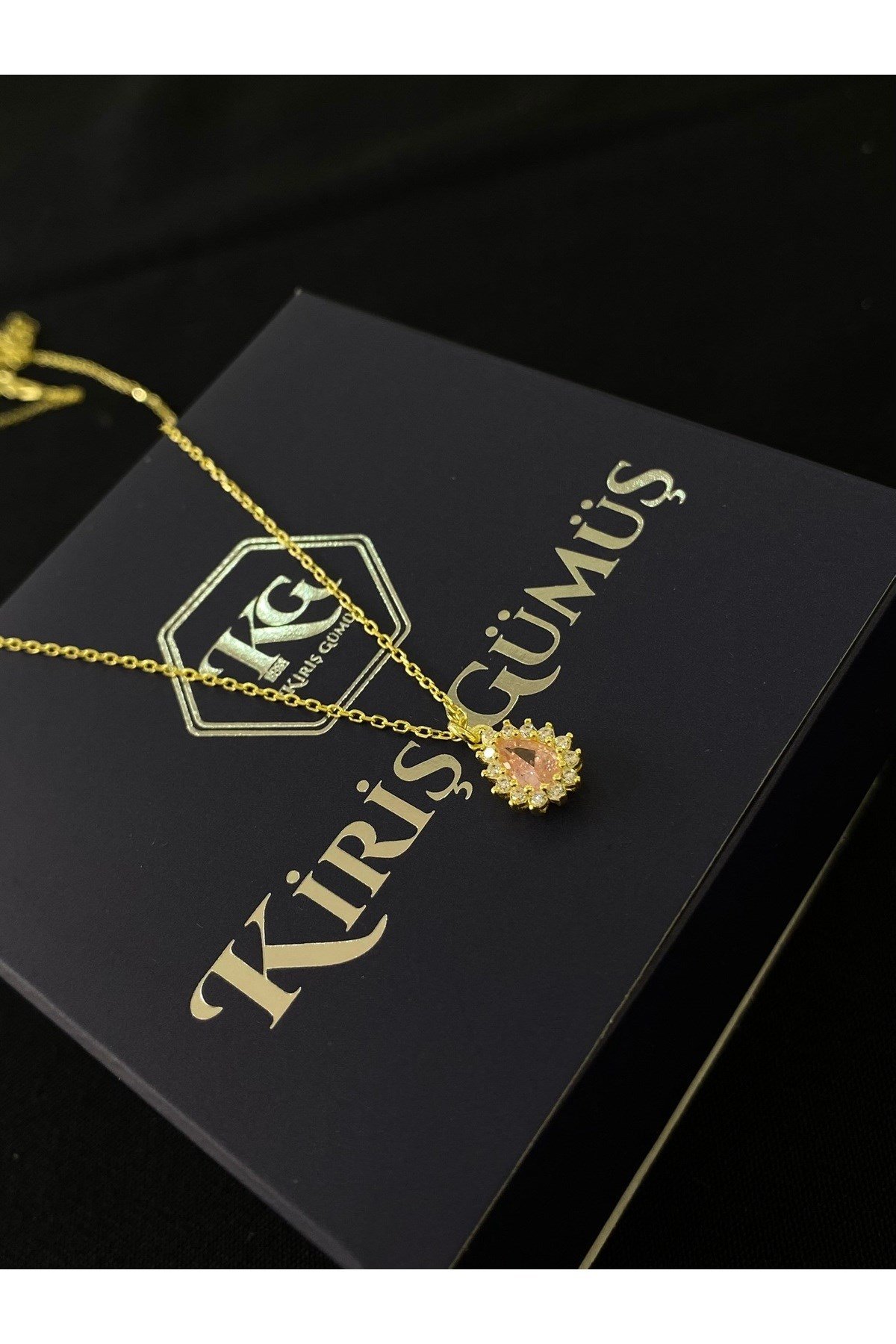 925 Ayar Gümüş Altın Yaldızlı Pembe Damla Modeli Kadın Gümüş Kolye (40+5CM) (Gold)