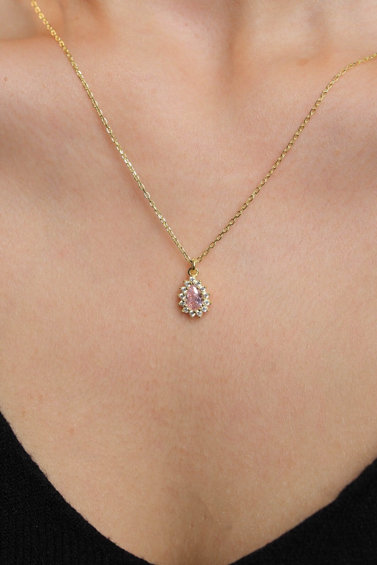 925 Ayar Gümüş Altın Yaldızlı Pembe Damla Modeli Kadın Gümüş Kolye (40+5CM) (Gold)